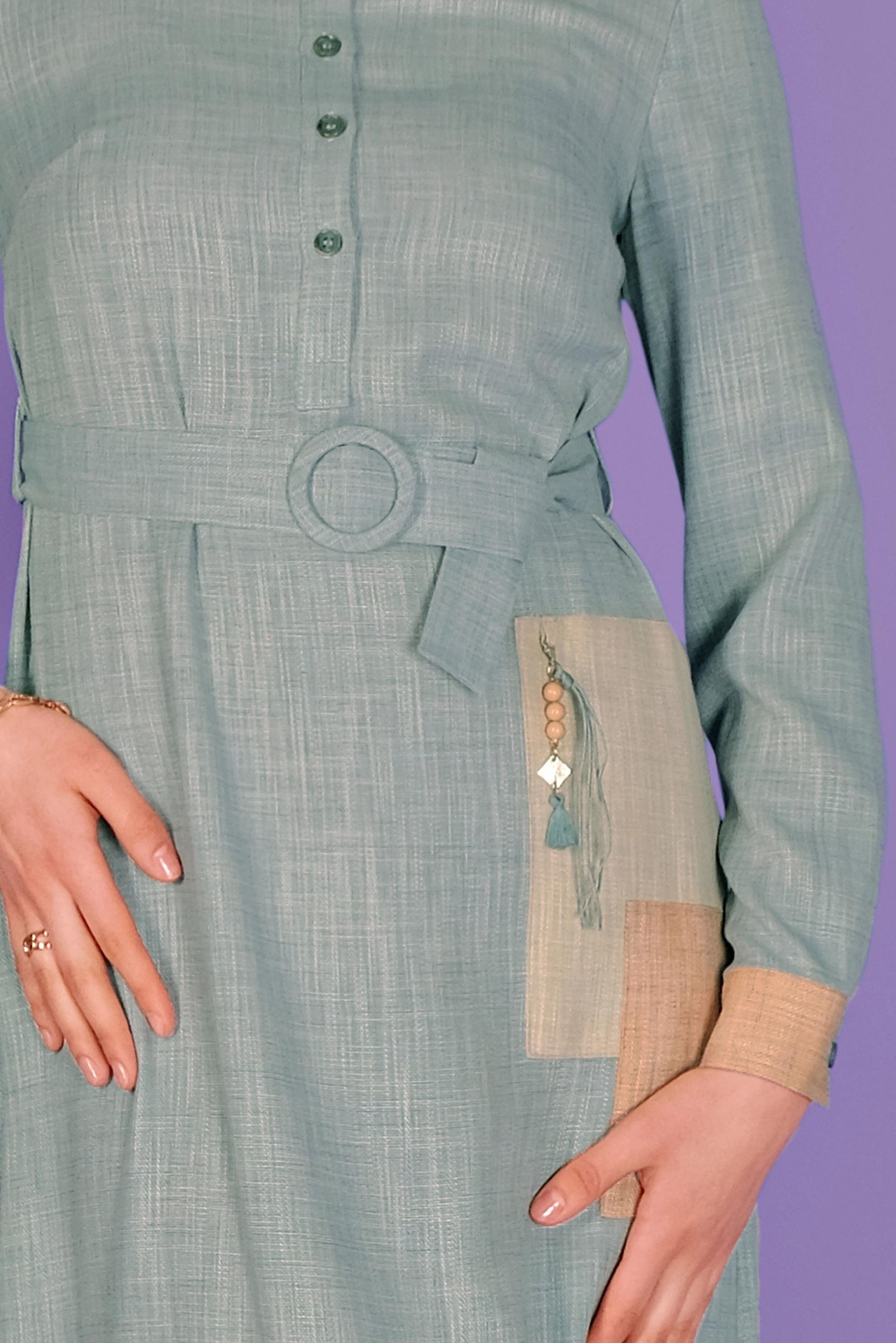 Tesettür giyim MAVİ KEMERLİ DÜĞMELİ ELBİSE 41403 