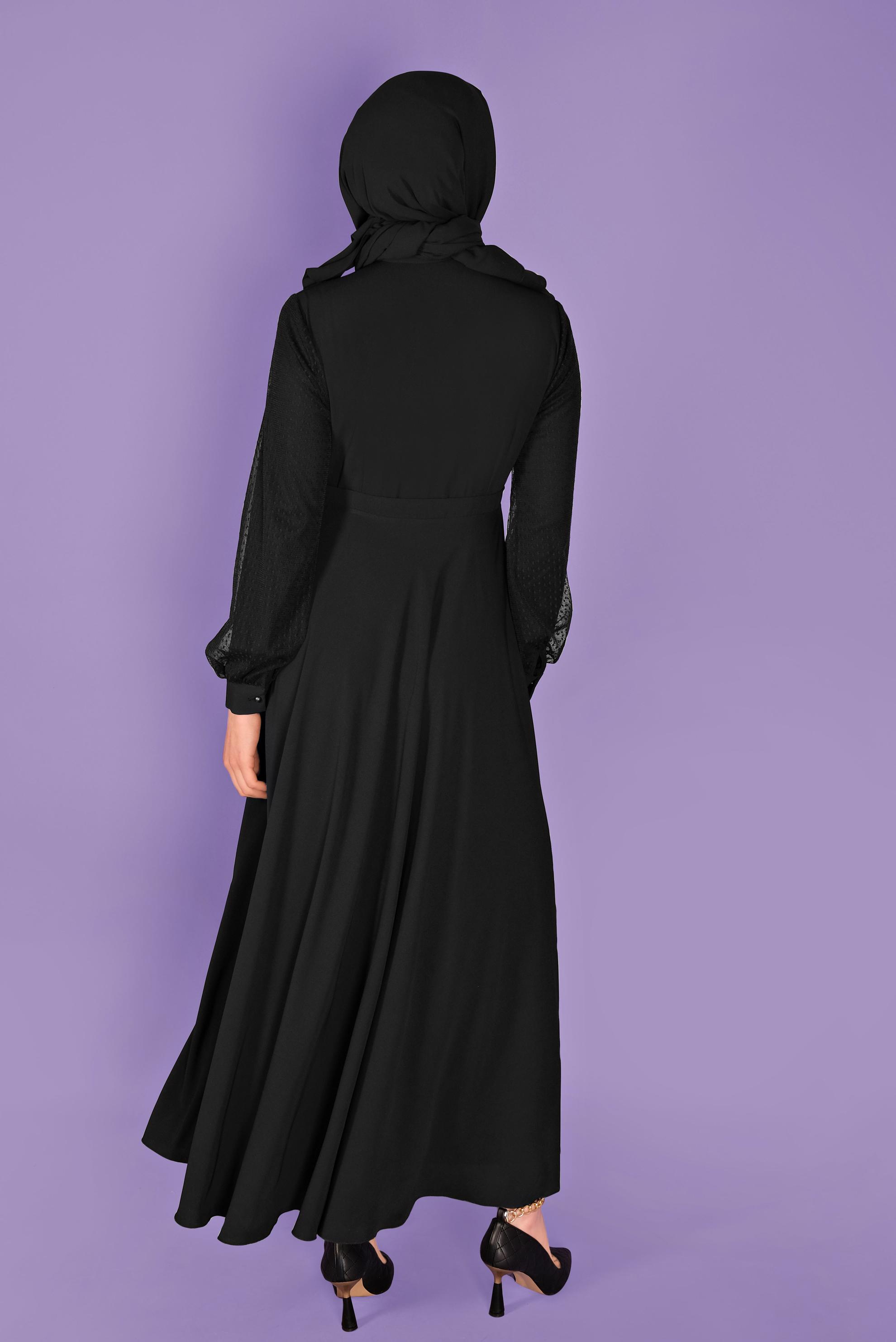 Tesettür giyim SİYAH TÜL VE GÜPÜR DETAYLI ELBİSE 41404 