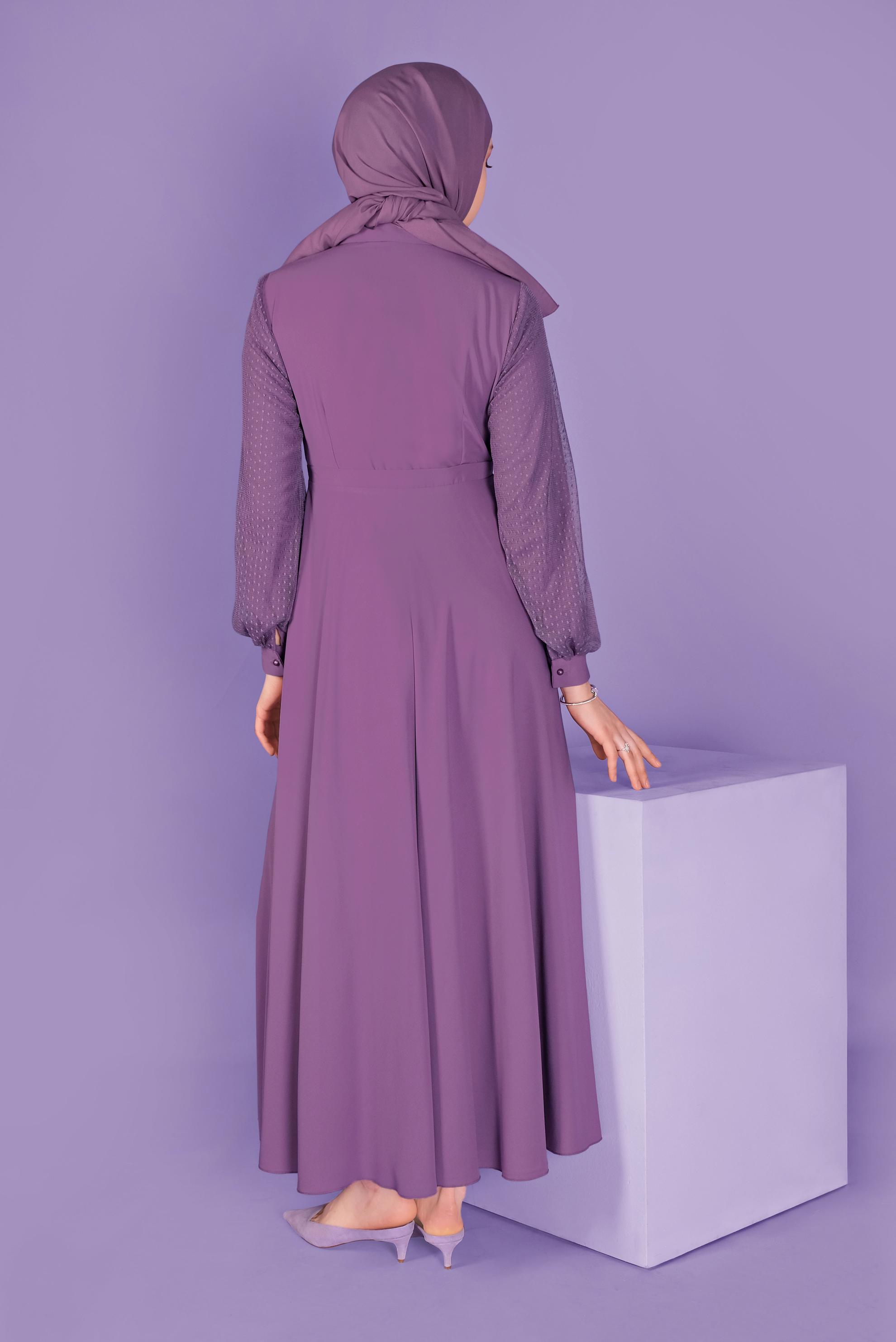 Tesettür giyim MOR TÜL VE GÜPÜR DETAYLI ELBİSE 41404 
