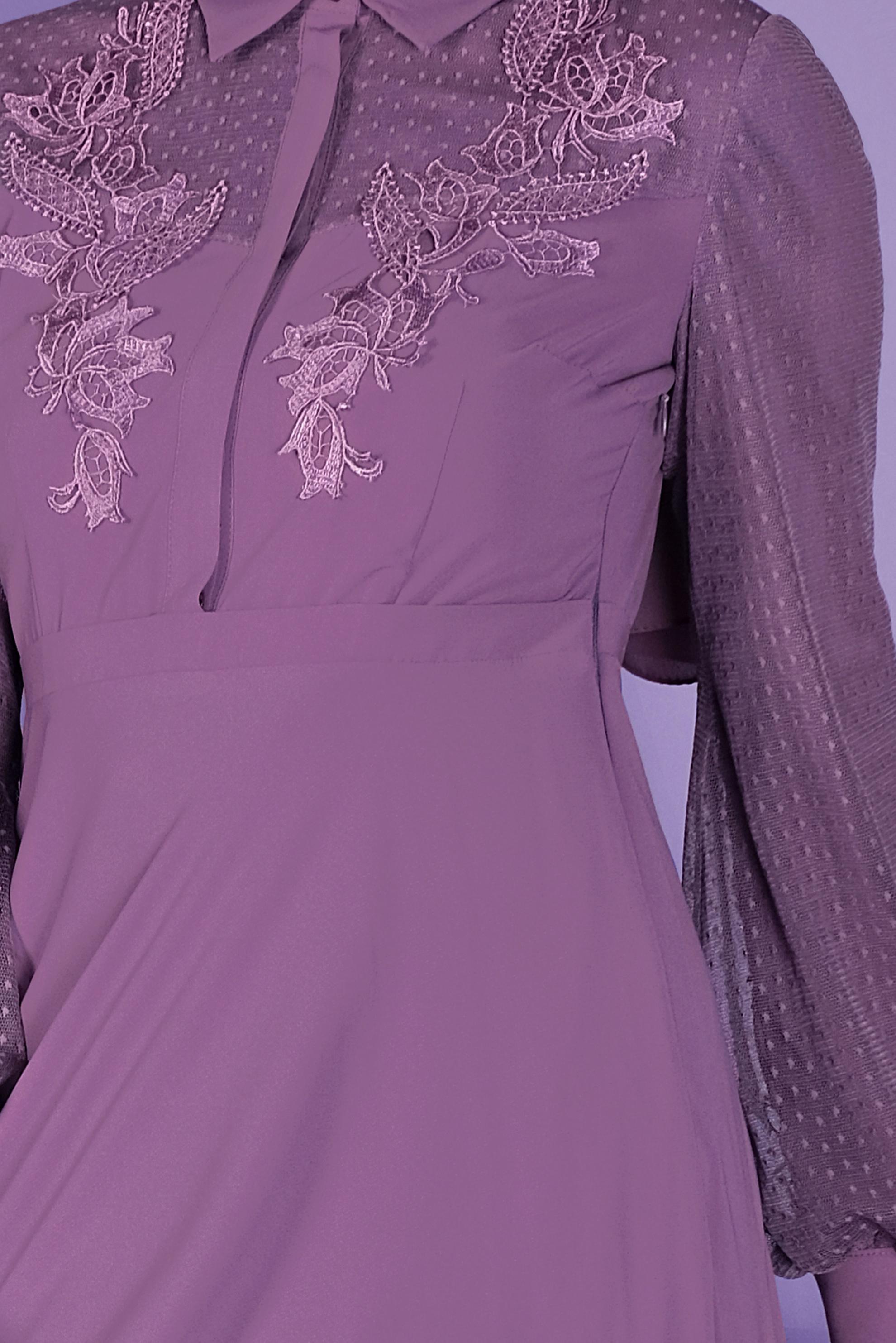 Tesettür giyim MOR TÜL VE GÜPÜR DETAYLI ELBİSE 41404 