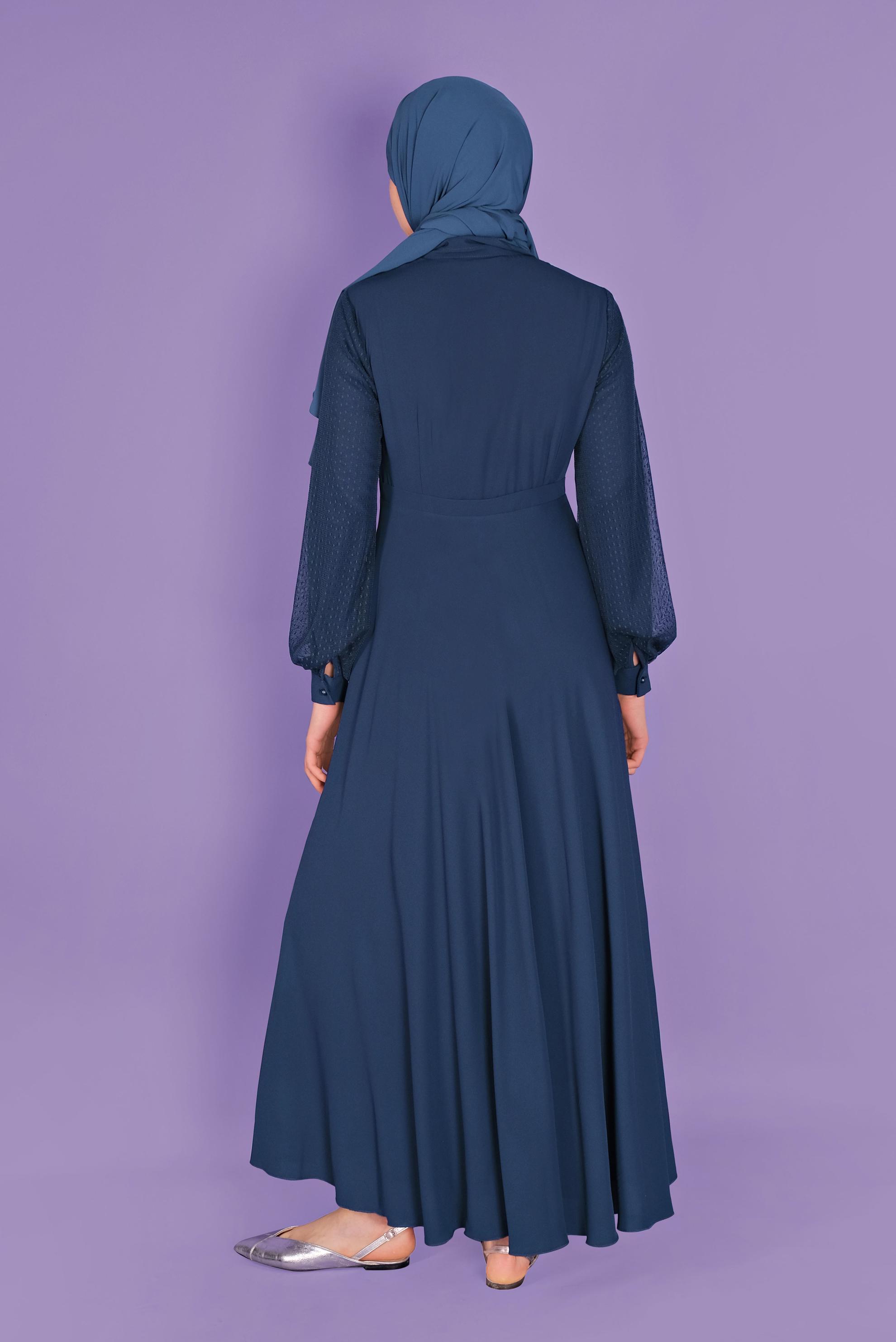 Tesettür giyim LACİVERT TÜL VE GÜPÜR DETAYLI ELBİSE 41404 