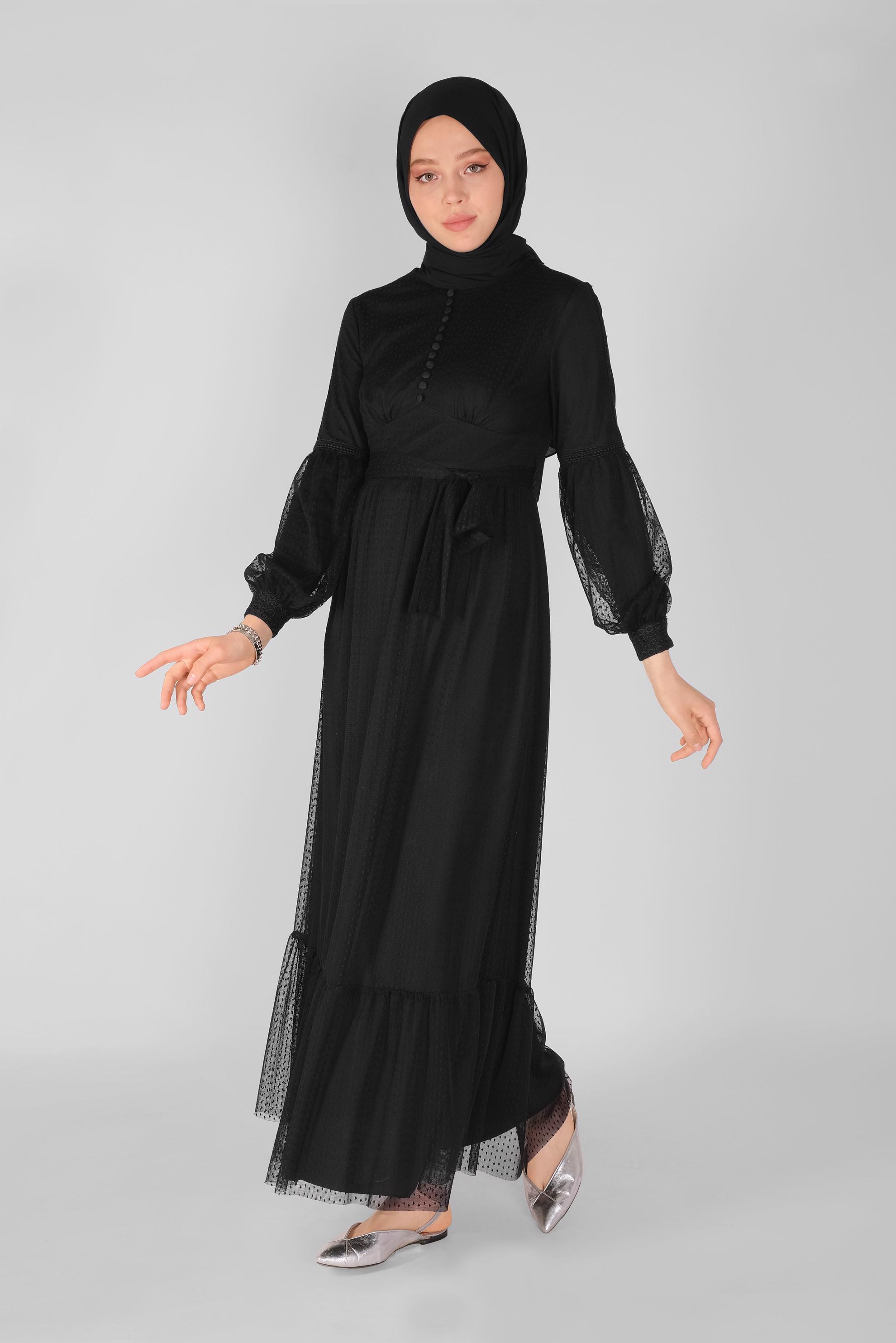 Tesettür giyim SİYAH KUŞAKLI DÜĞMELİ TÜL ELBİSE 41405 