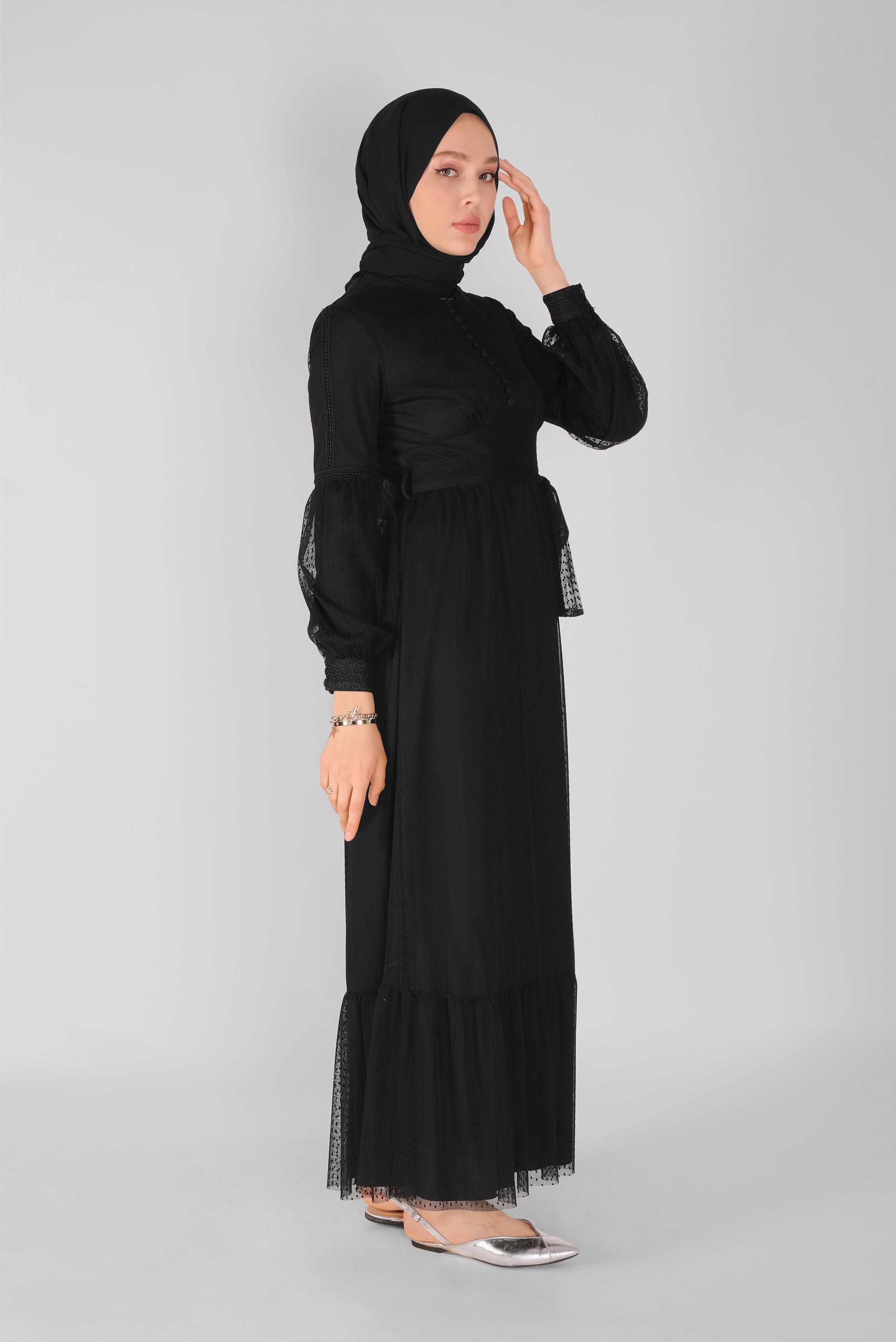Tesettür giyim SİYAH KUŞAKLI DÜĞMELİ TÜL ELBİSE 41405 