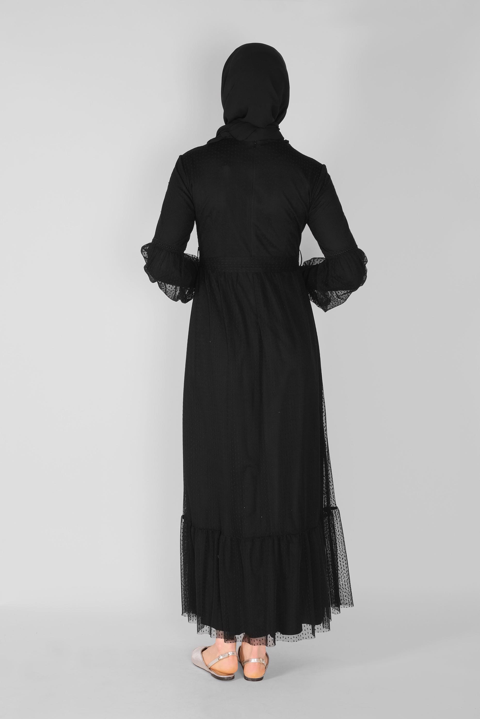 Tesettür giyim SİYAH KUŞAKLI DÜĞMELİ TÜL ELBİSE 41405 