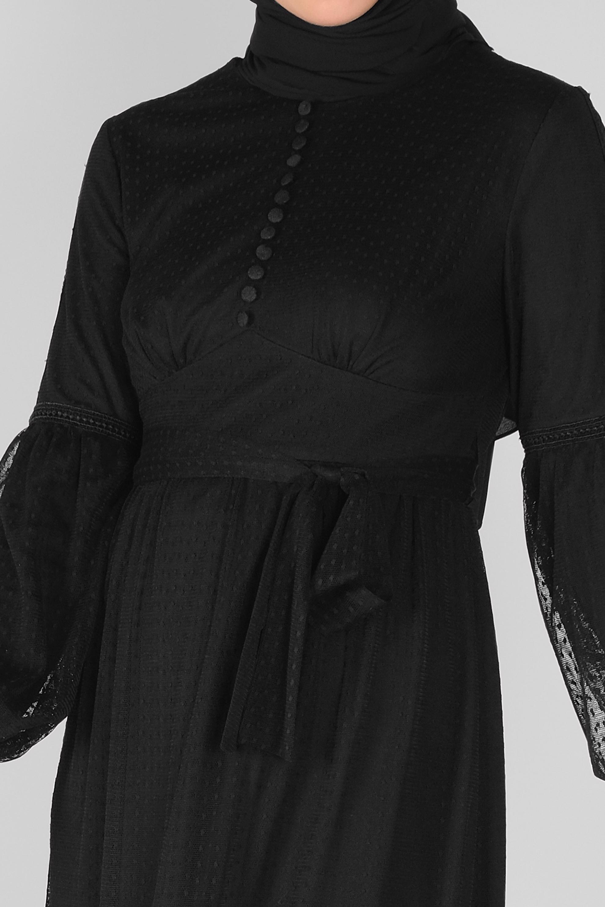 Tesettür giyim SİYAH KUŞAKLI DÜĞMELİ TÜL ELBİSE 41405 