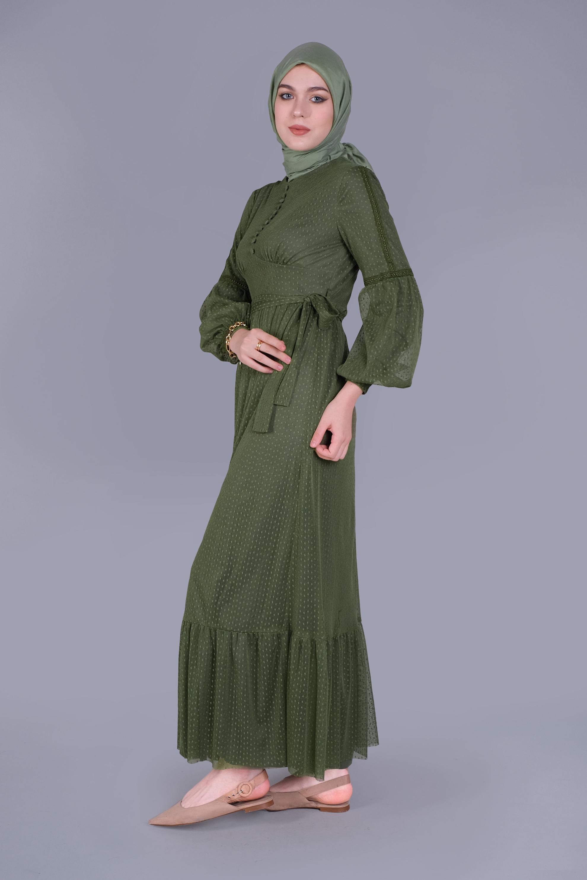 Tesettür giyim YEŞİL KUŞAKLI DÜĞMELİ TÜL ELBİSE 41405 