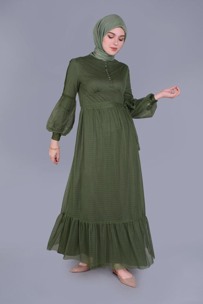 Tesettür giyim YEŞİL KUŞAKLI DÜĞMELİ TÜL ELBİSE 41405  - ALVİNA