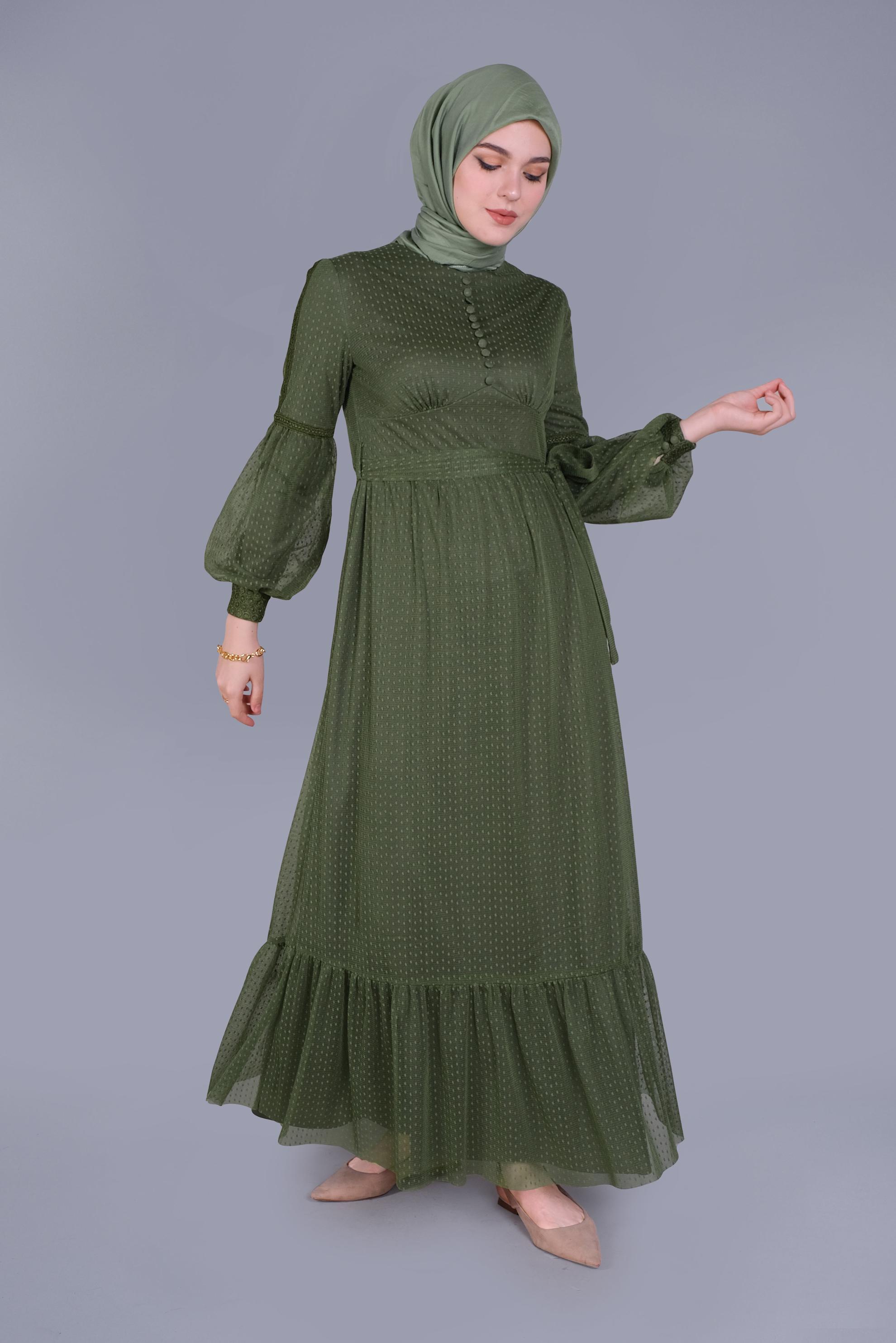 Tesettür giyim YEŞİL KUŞAKLI DÜĞMELİ TÜL ELBİSE 41405 
