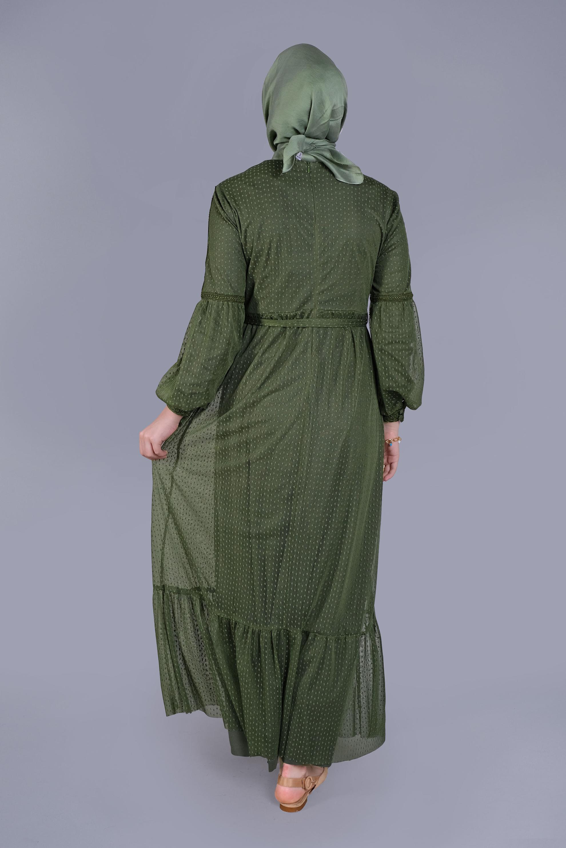 Tesettür giyim YEŞİL KUŞAKLI DÜĞMELİ TÜL ELBİSE 41405 