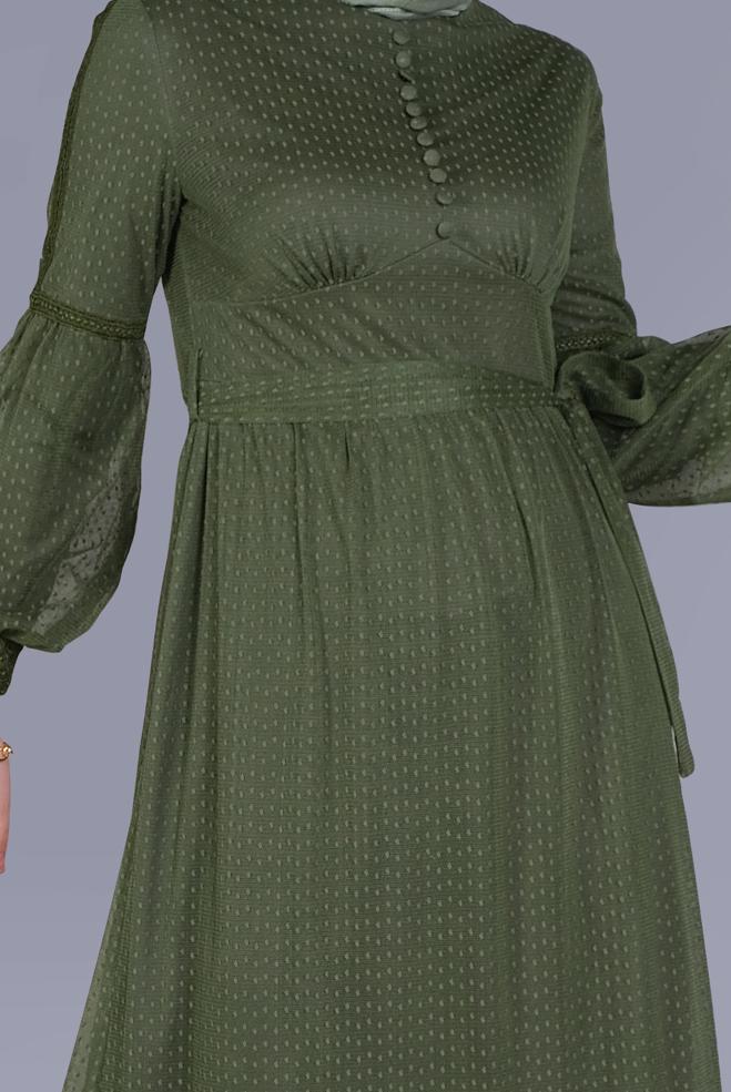 Tesettür giyim YEŞİL KUŞAKLI DÜĞMELİ TÜL ELBİSE 41405  - ALVİNA
