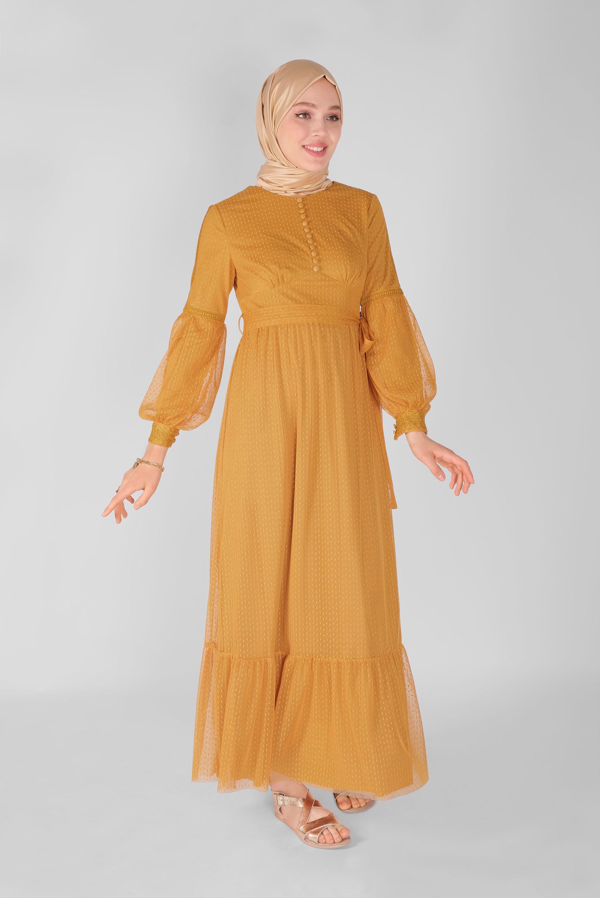 Tesettür giyim SARI KUŞAKLI DÜĞMELİ TÜL ELBİSE 41405 