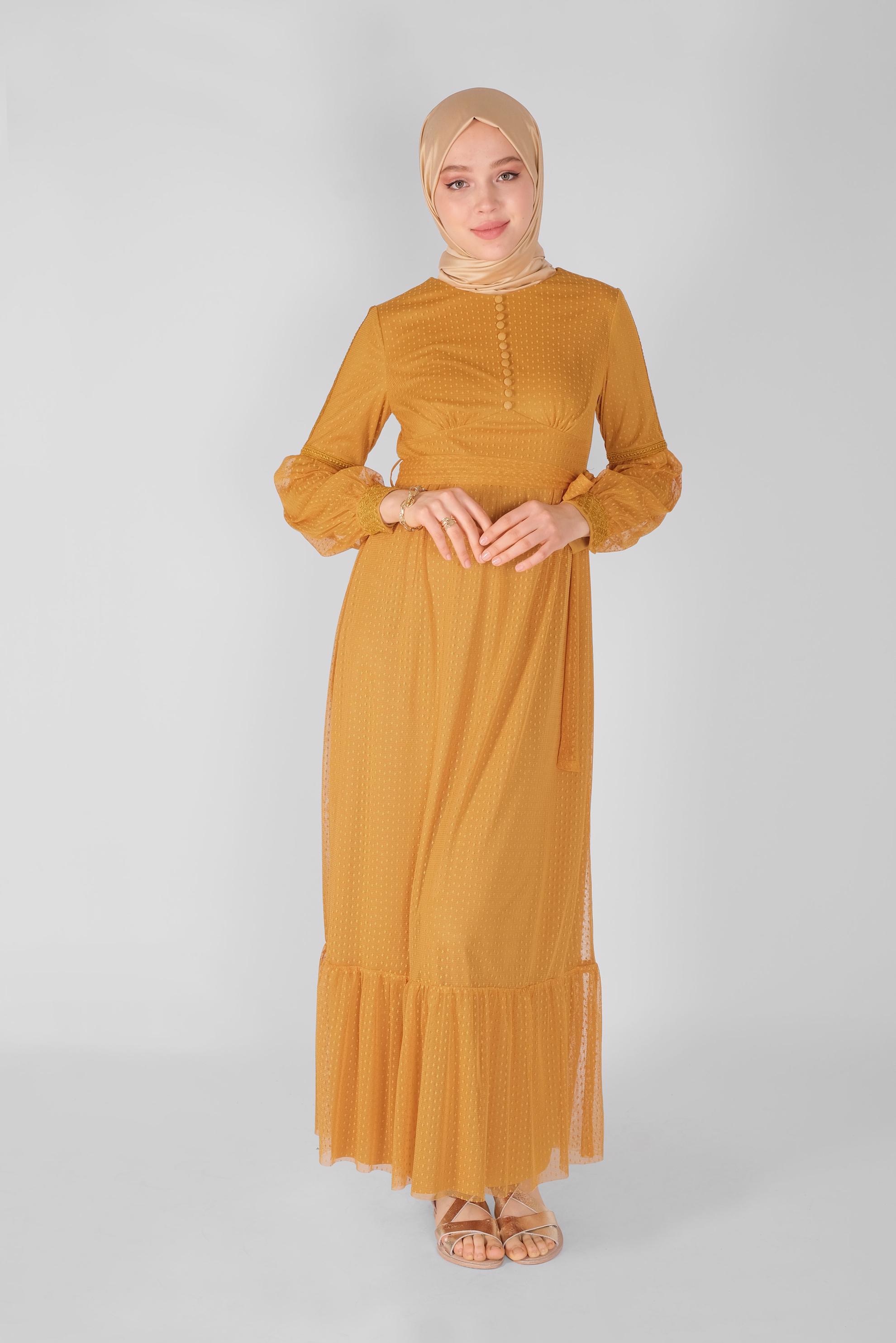 Tesettür giyim SARI KUŞAKLI DÜĞMELİ TÜL ELBİSE 41405 