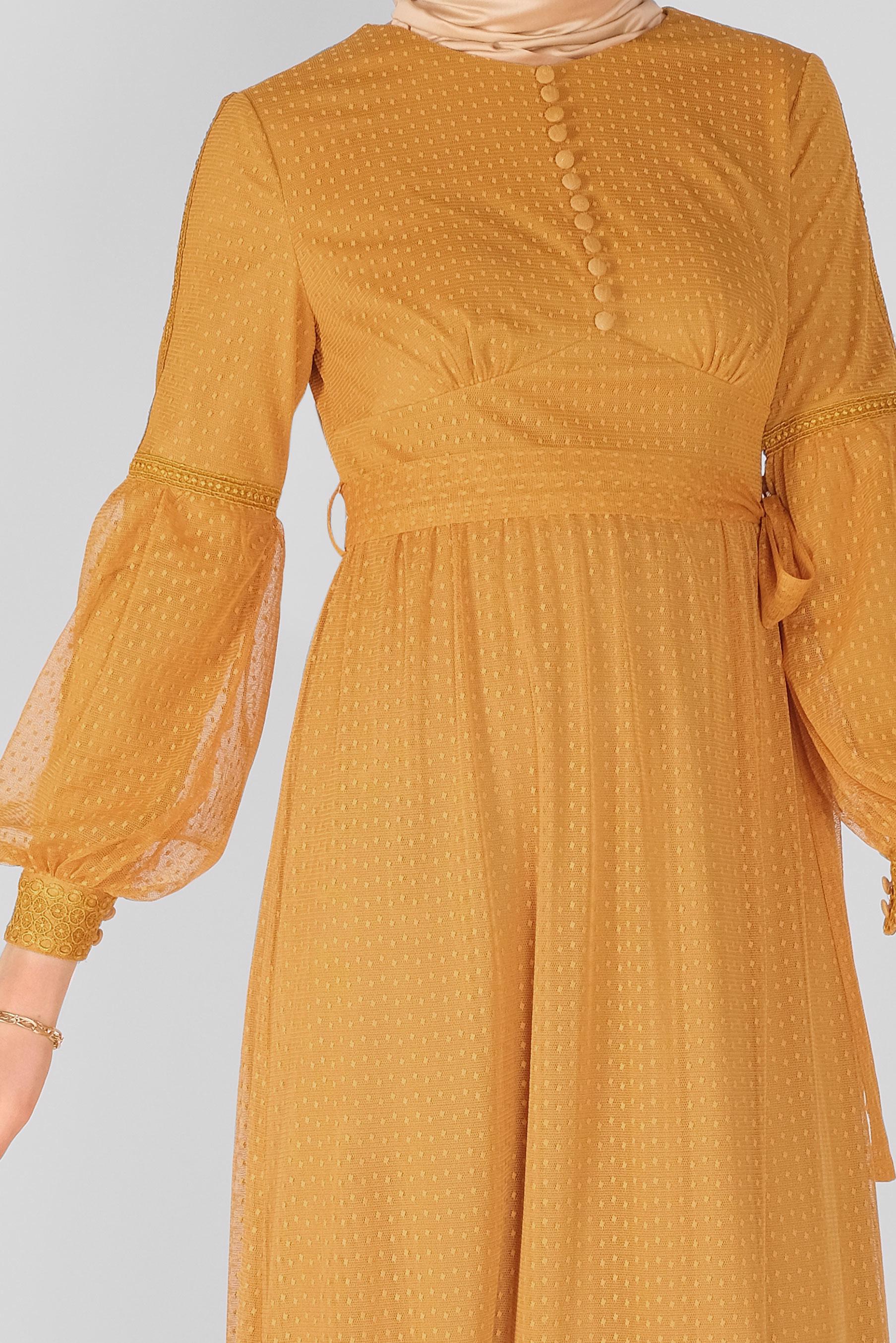 Tesettür giyim SARI KUŞAKLI DÜĞMELİ TÜL ELBİSE 41405 