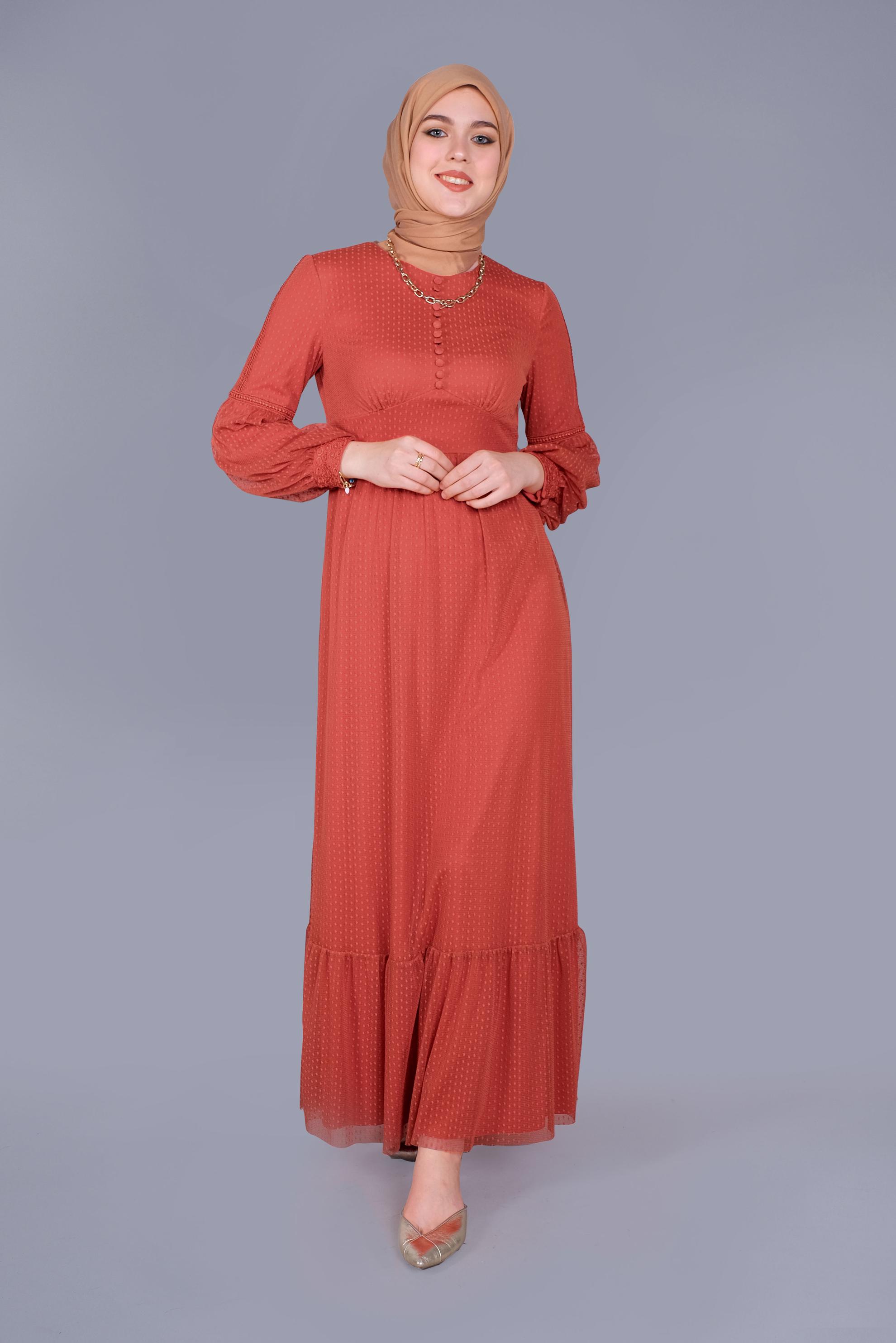 Tesettür giyim TURUNCU KUŞAKLI DÜĞMELİ TÜL ELBİSE 41405 