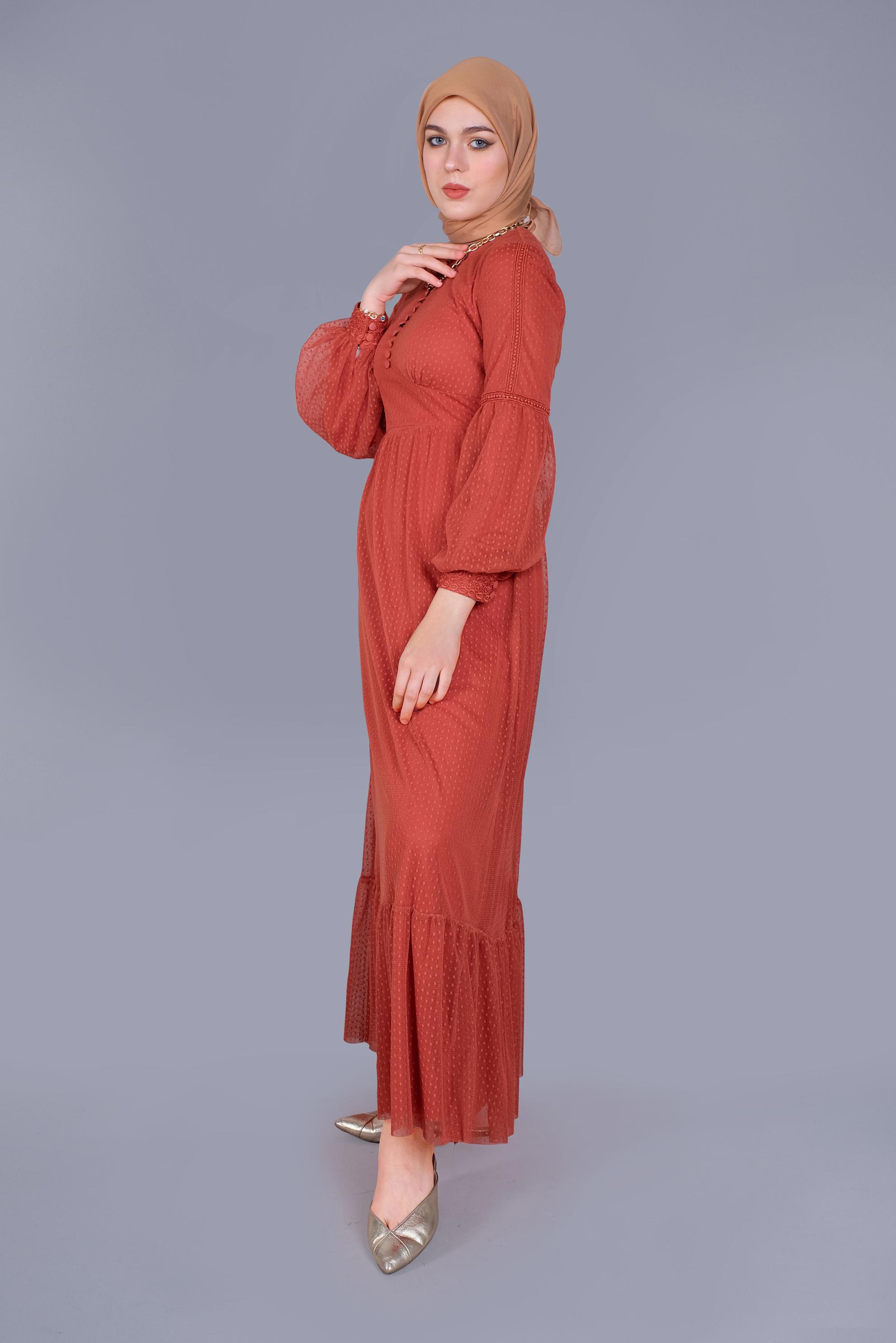 Tesettür giyim TURUNCU KUŞAKLI DÜĞMELİ TÜL ELBİSE 41405 