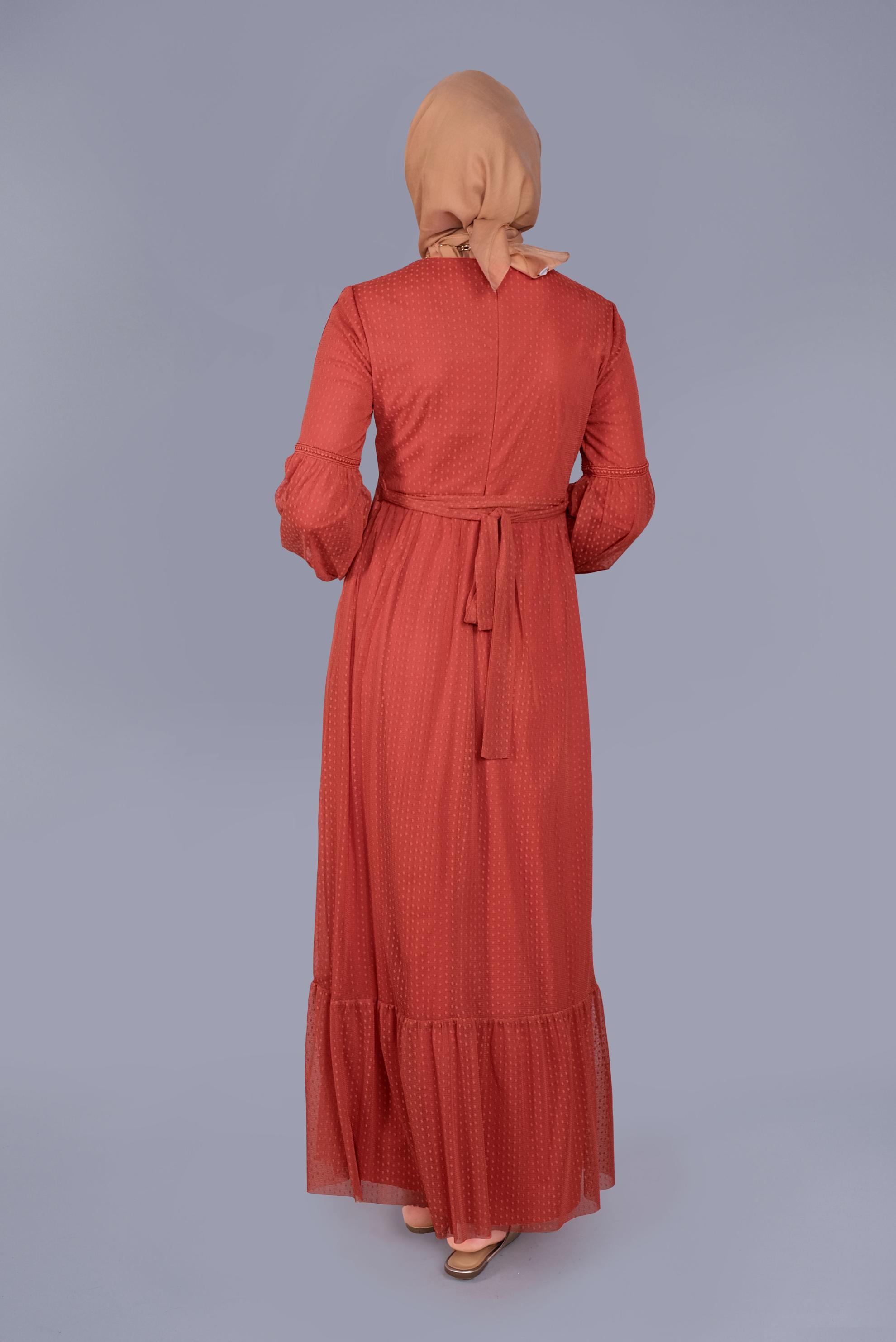 Tesettür giyim TURUNCU KUŞAKLI DÜĞMELİ TÜL ELBİSE 41405 