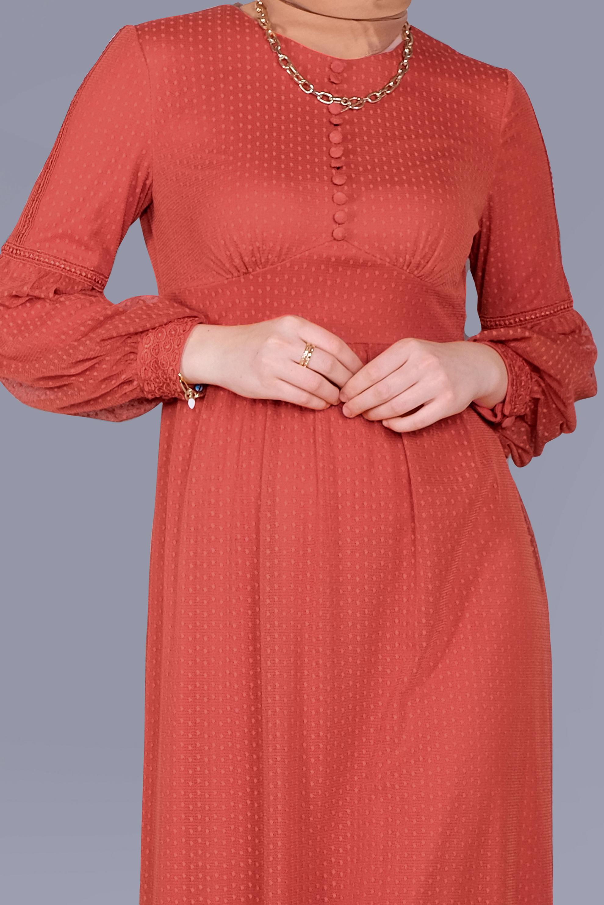 Tesettür giyim TURUNCU KUŞAKLI DÜĞMELİ TÜL ELBİSE 41405 