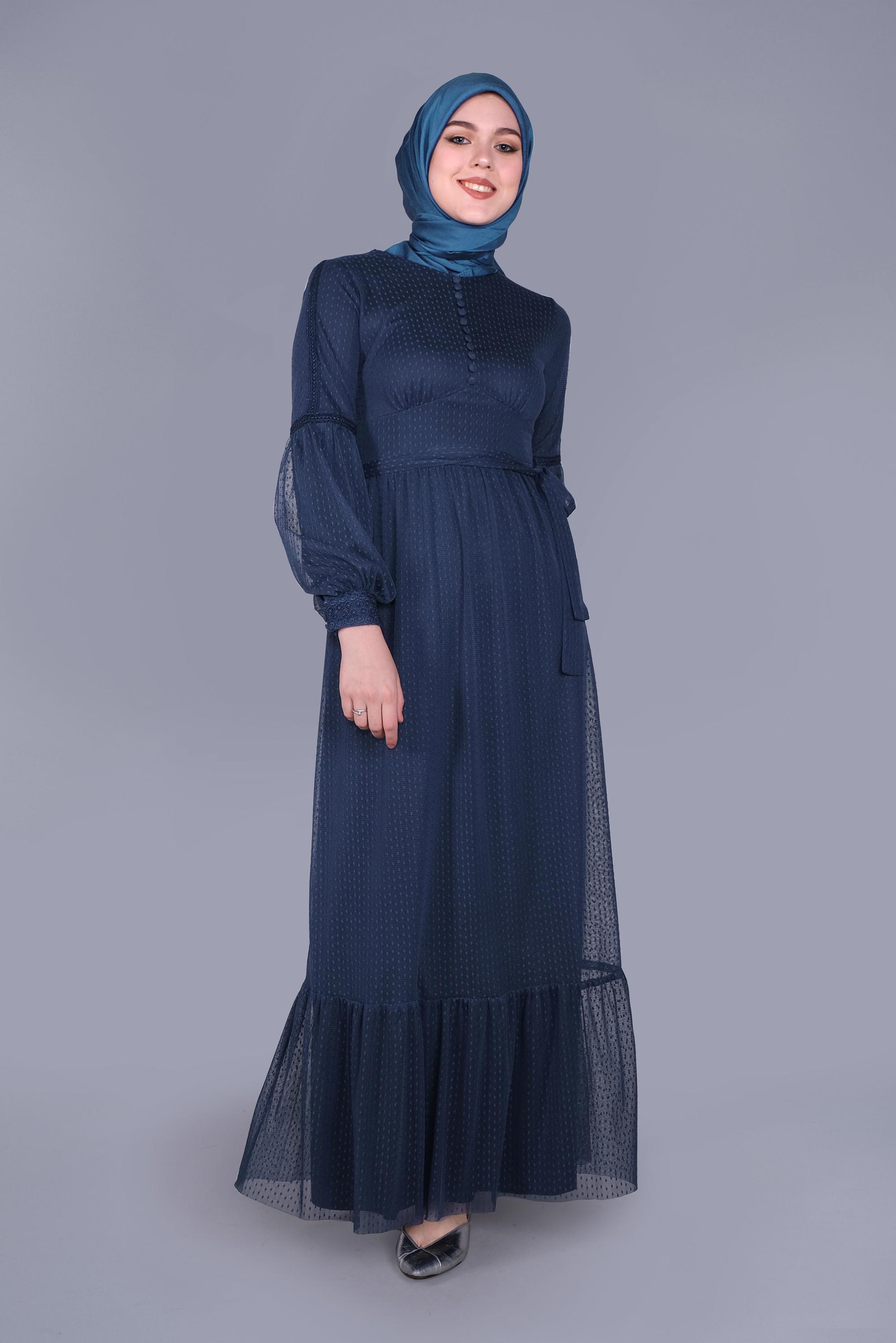 Tesettür giyim LACİVERT KUŞAKLI DÜĞMELİ TÜL ELBİSE 41405 