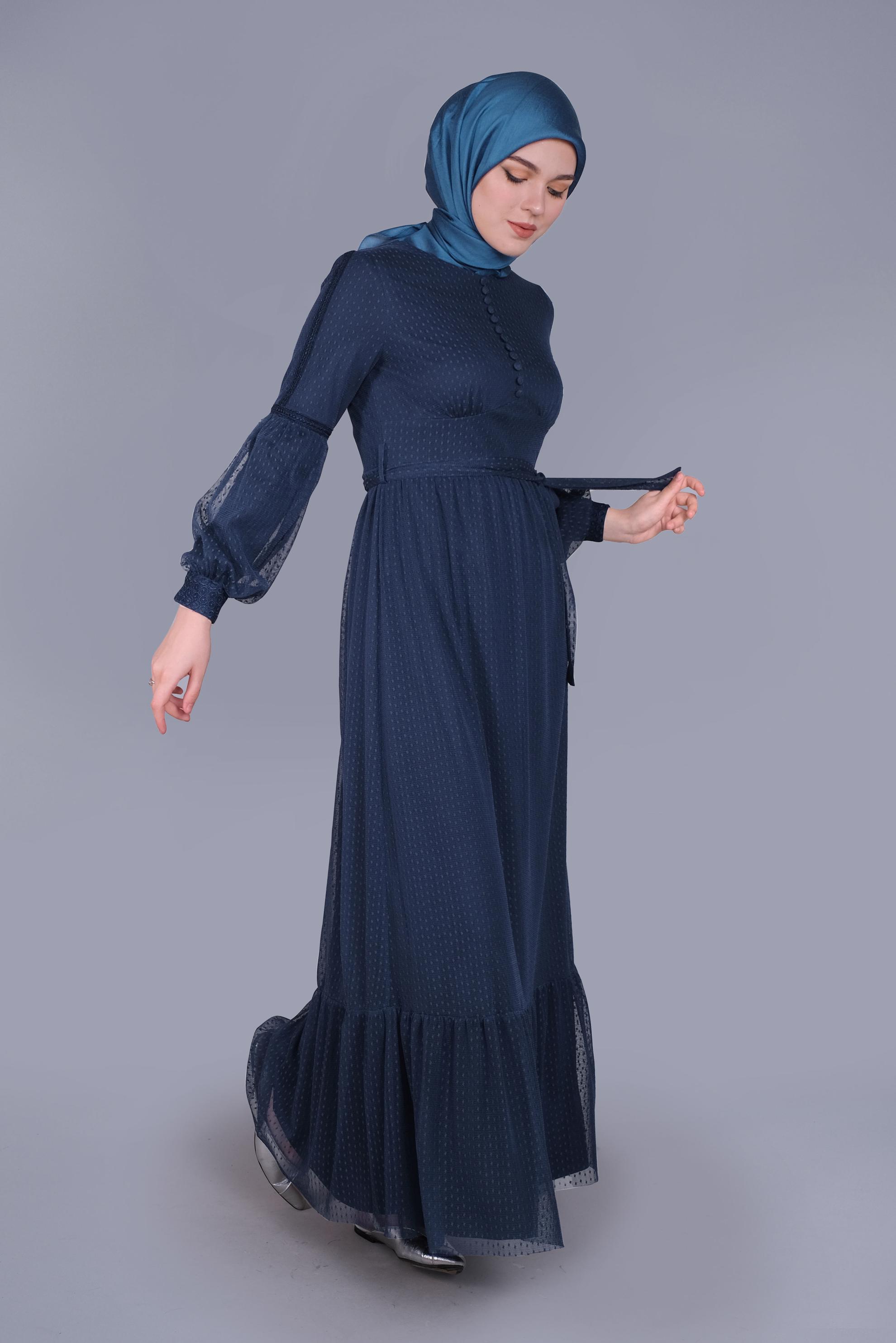 Tesettür giyim LACİVERT KUŞAKLI DÜĞMELİ TÜL ELBİSE 41405 