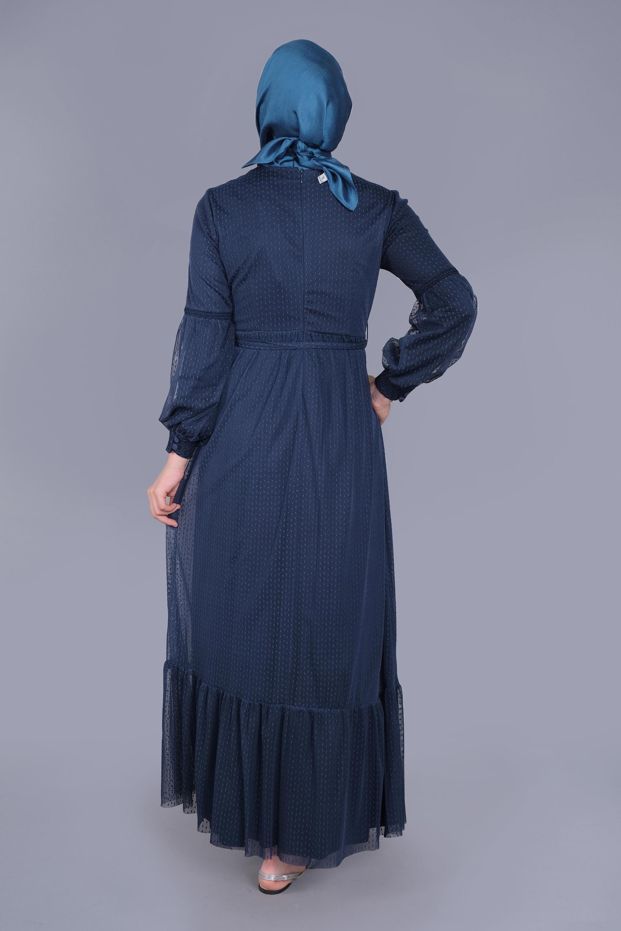 Tesettür giyim LACİVERT KUŞAKLI DÜĞMELİ TÜL ELBİSE 41405 