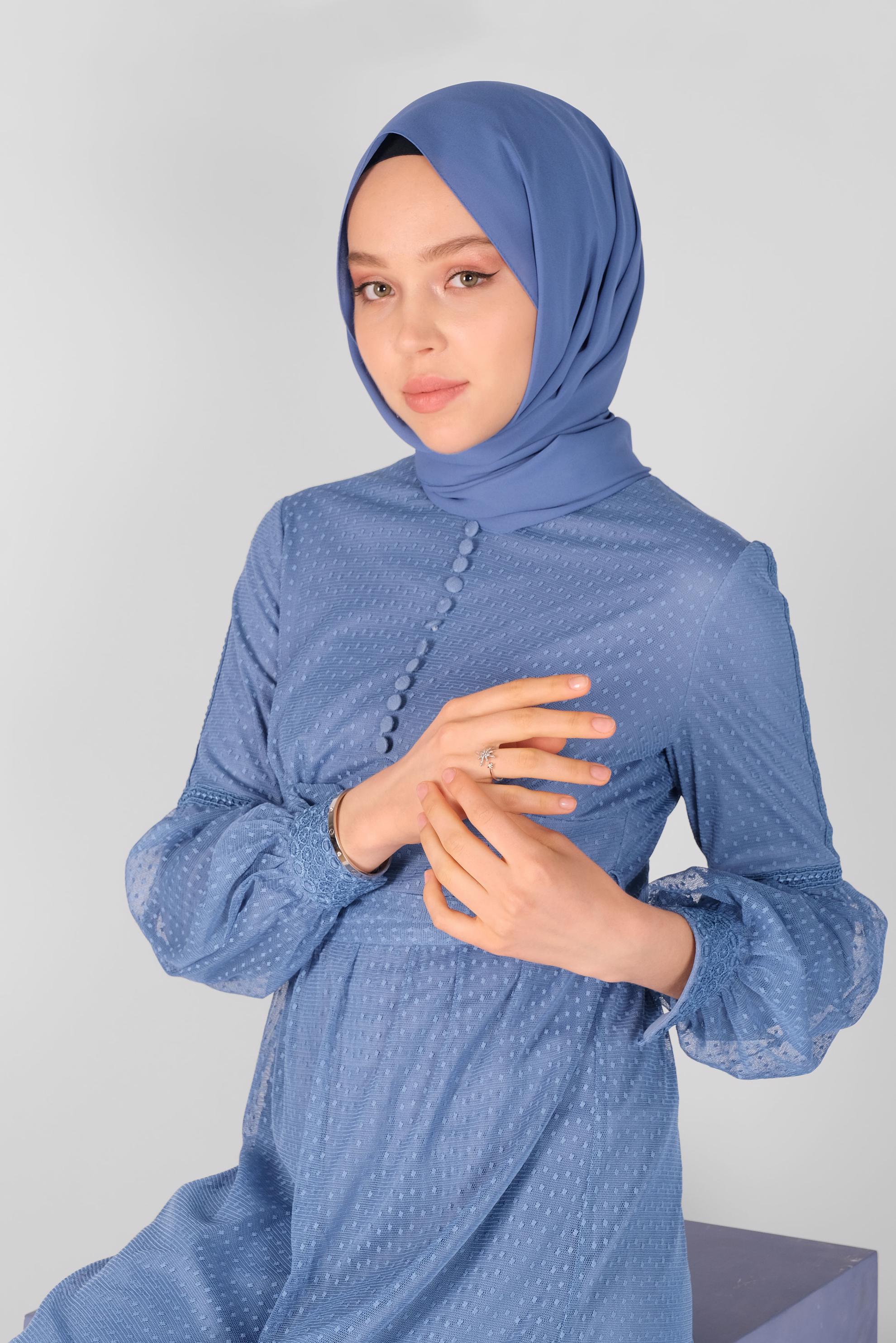 Tesettür giyim LACİVERT KUŞAKLI DÜĞMELİ TÜL ELBİSE 41405 