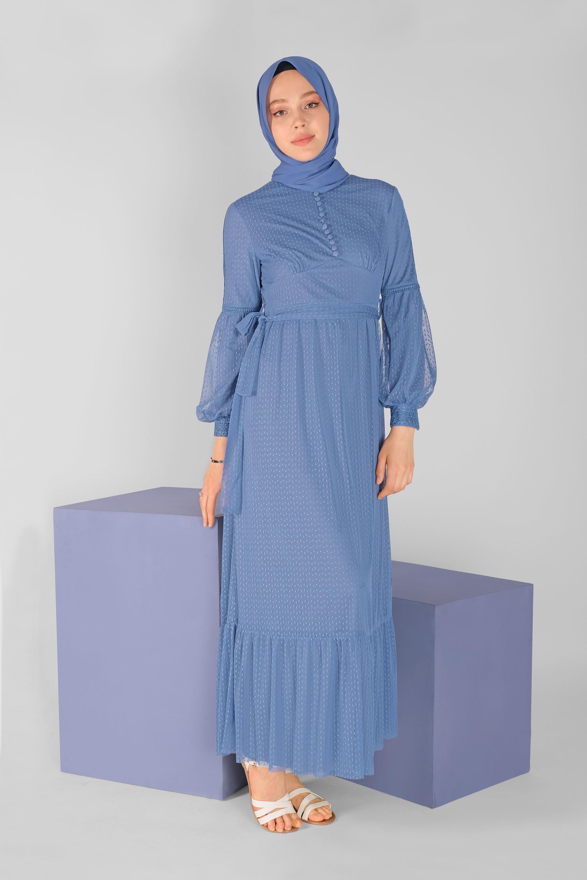 Tesettür giyim LACİVERT KUŞAKLI DÜĞMELİ TÜL ELBİSE 41405 