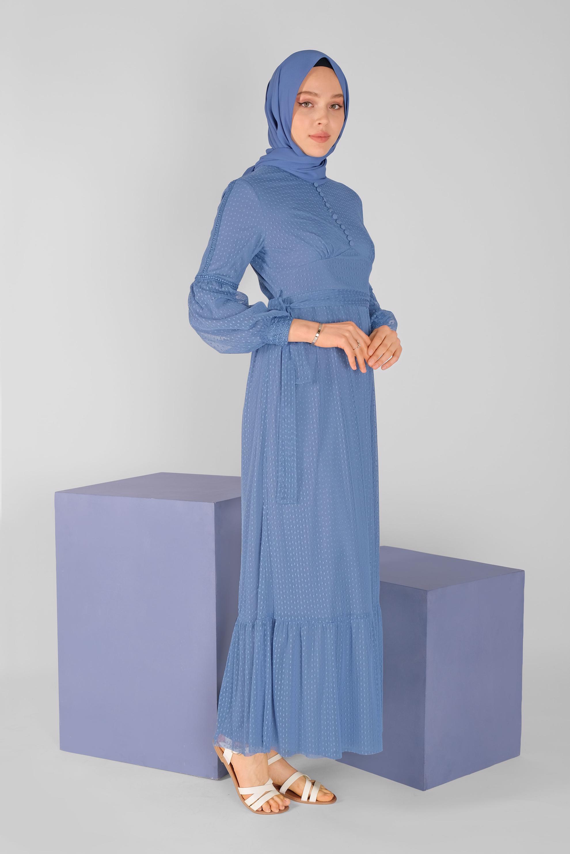 Tesettür giyim LACİVERT KUŞAKLI DÜĞMELİ TÜL ELBİSE 41405 