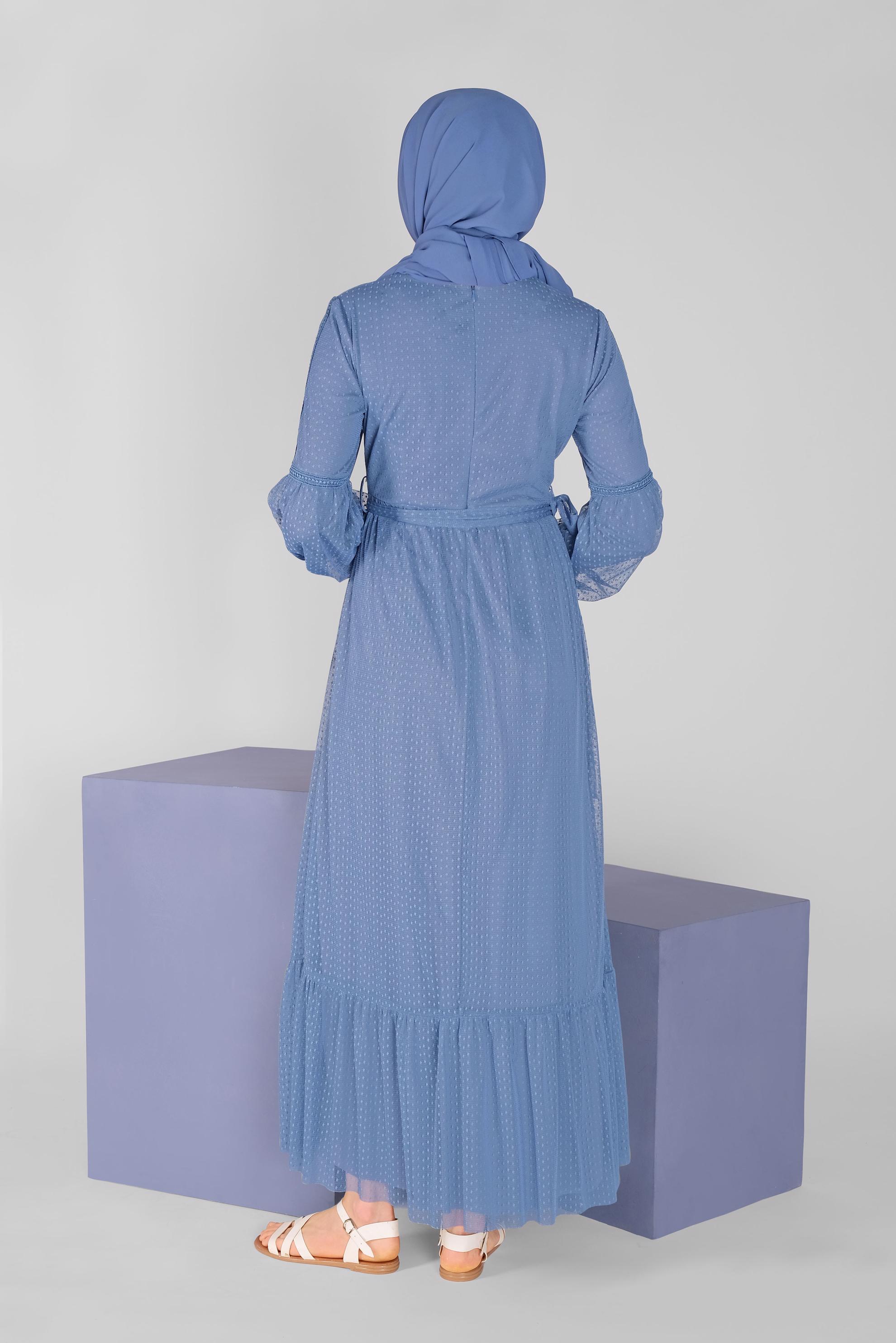 Tesettür giyim LACİVERT KUŞAKLI DÜĞMELİ TÜL ELBİSE 41405 