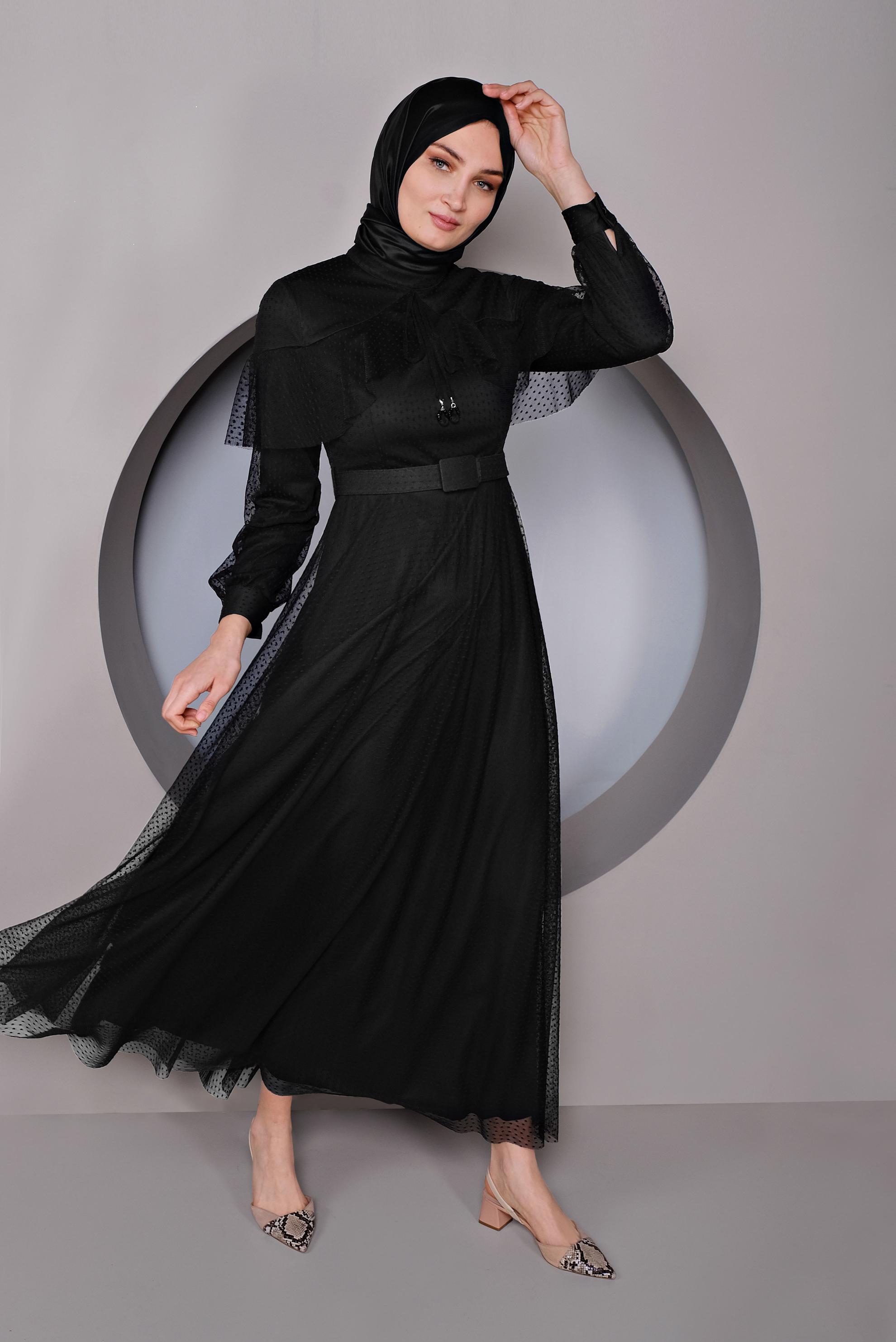Tesettür giyim SİYAH KEMERLİ TÜL ELBİSE 41406
