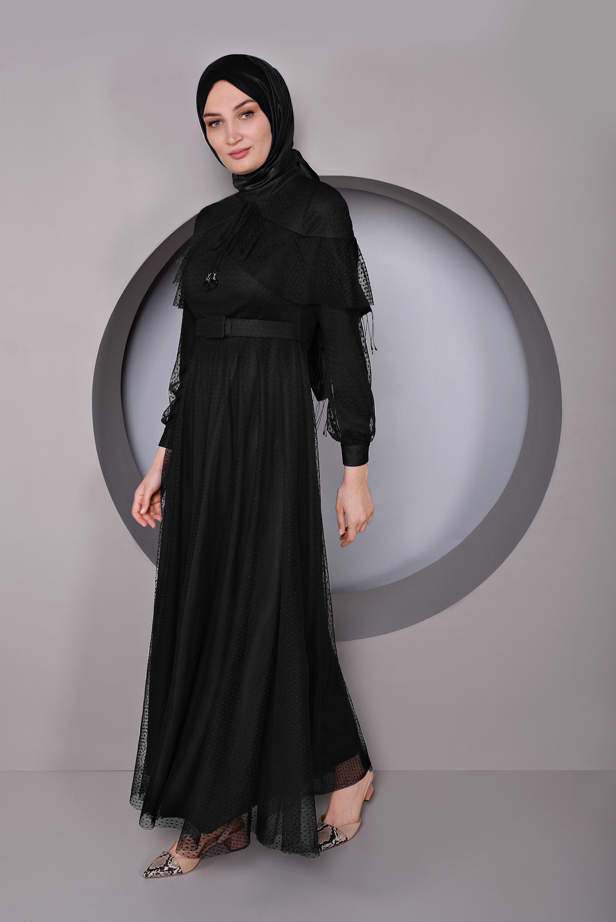 Tesettür giyim SİYAH KEMERLİ TÜL ELBİSE 41406