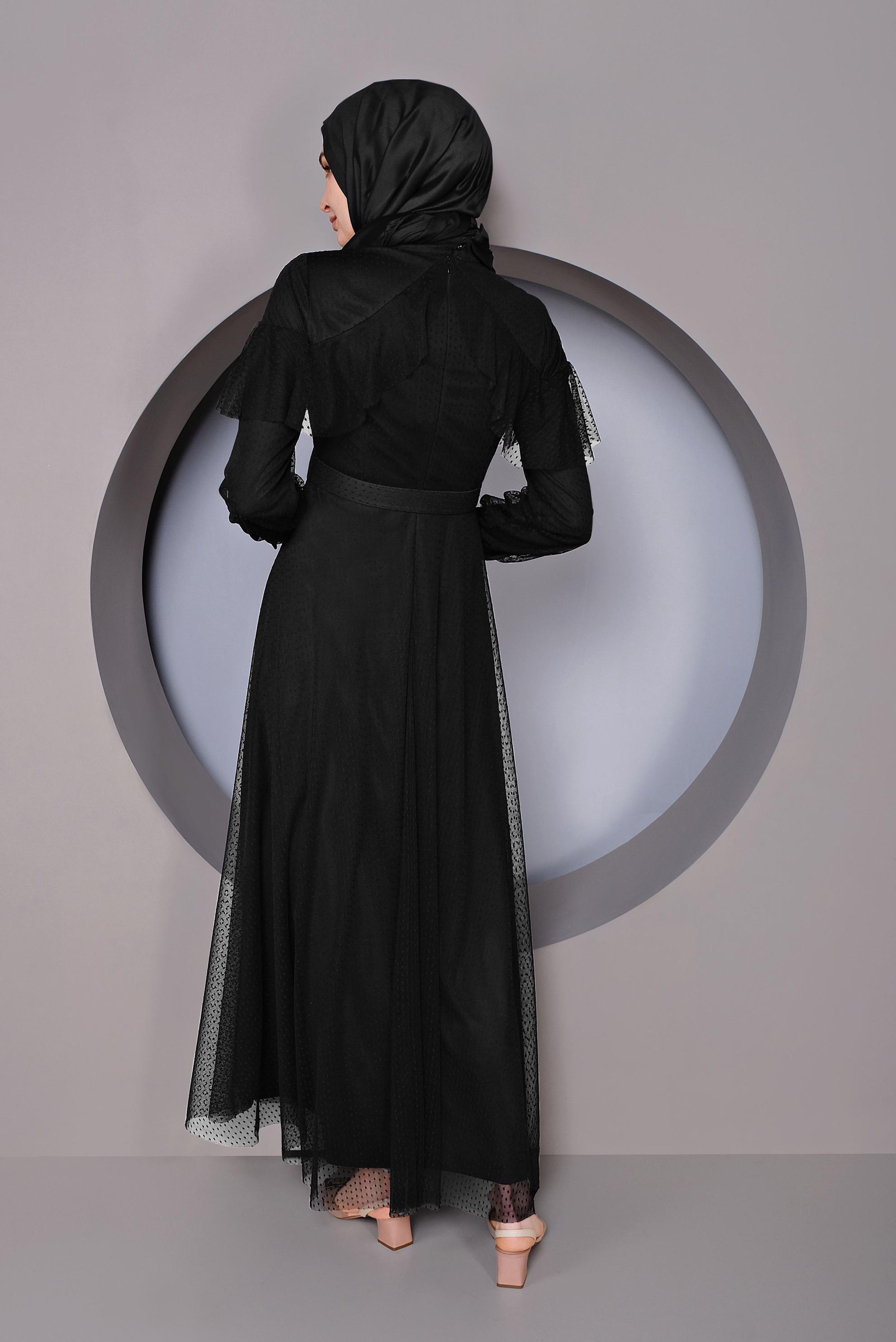 Tesettür giyim SİYAH KEMERLİ TÜL ELBİSE 41406