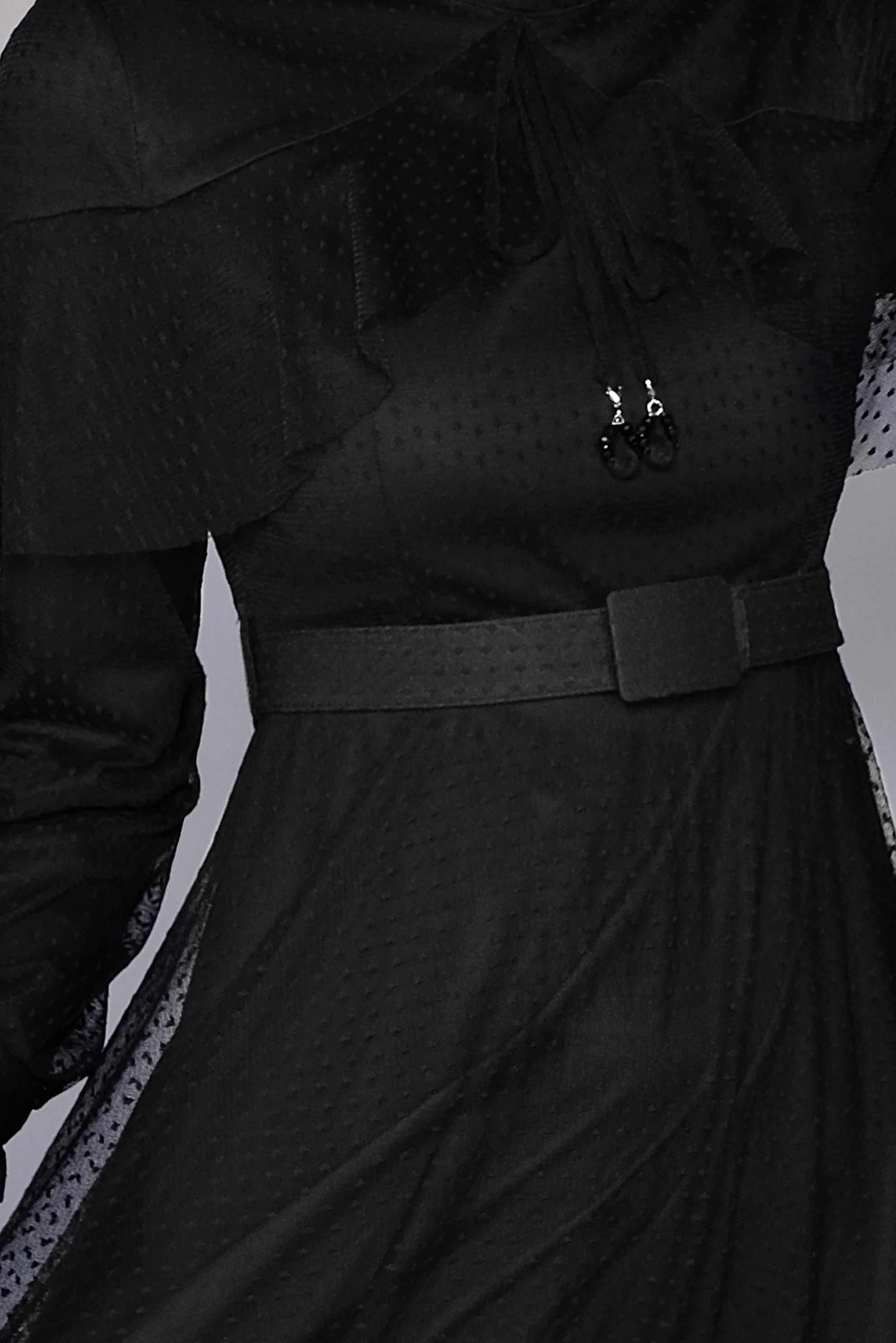 Tesettür giyim SİYAH KEMERLİ TÜL ELBİSE 41406