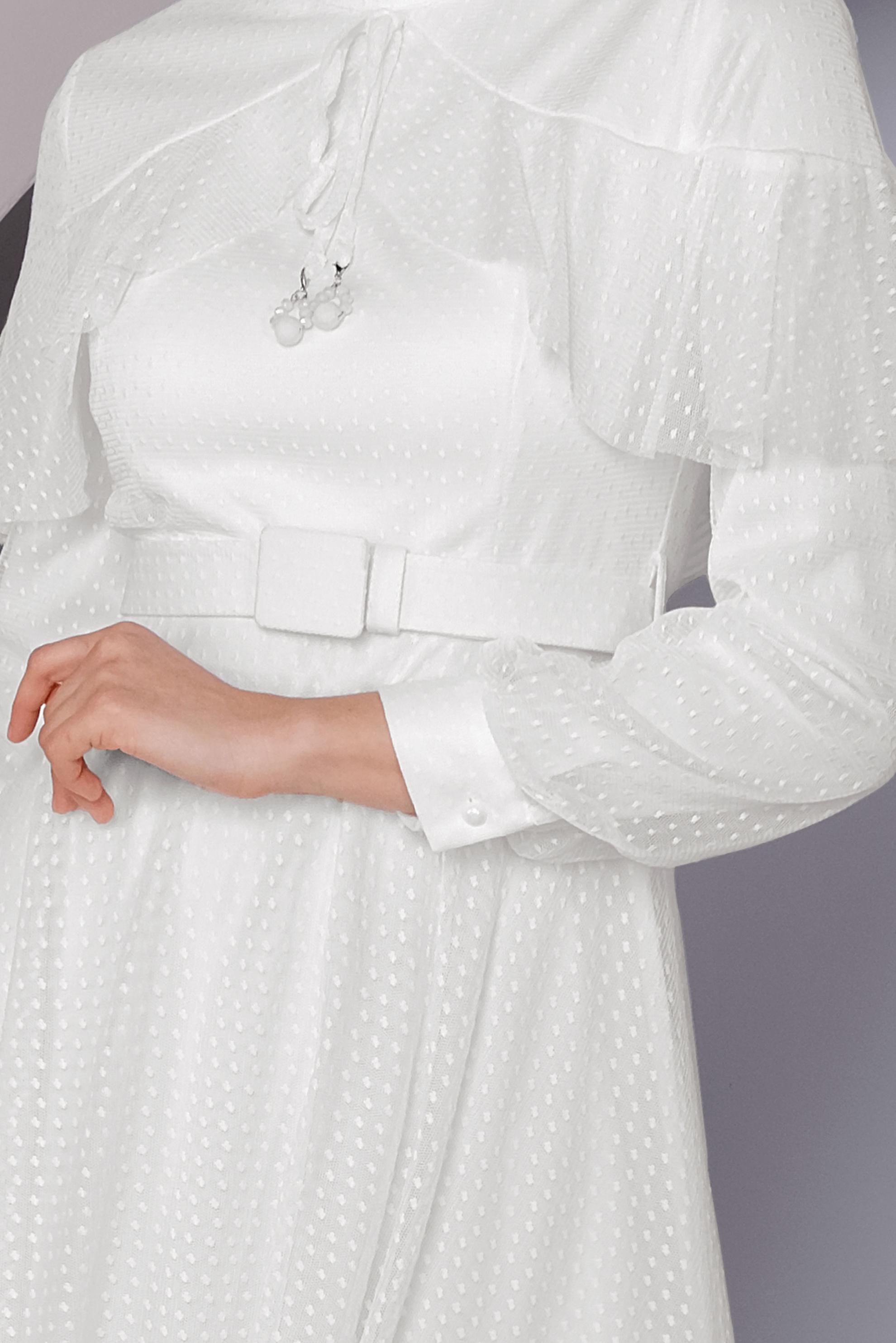 Tesettür giyim BEYAZ KEMERLİ TÜL ELBİSE 41406