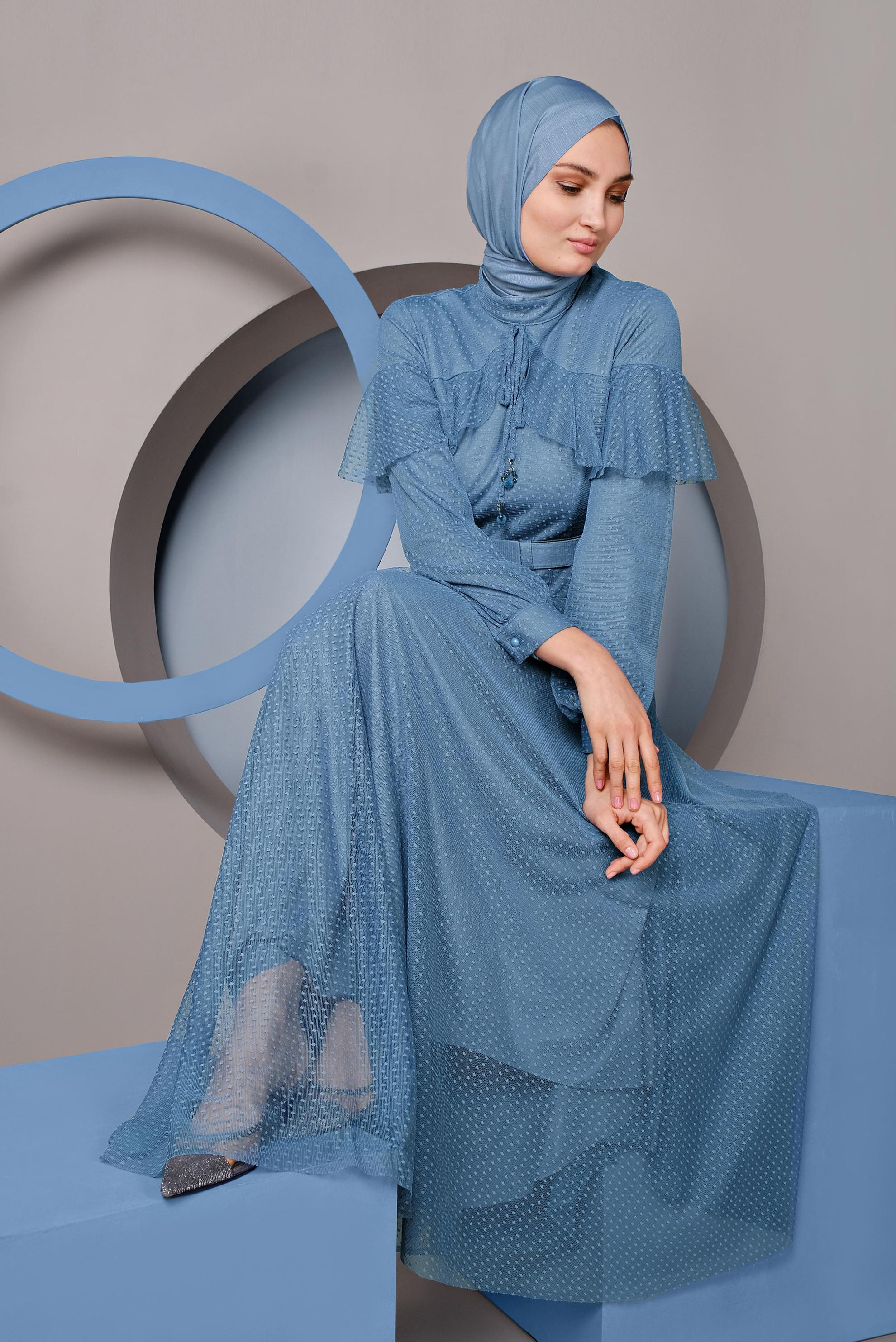 Tesettür giyim LACİVERT KEMERLİ TÜL ELBİSE 41406