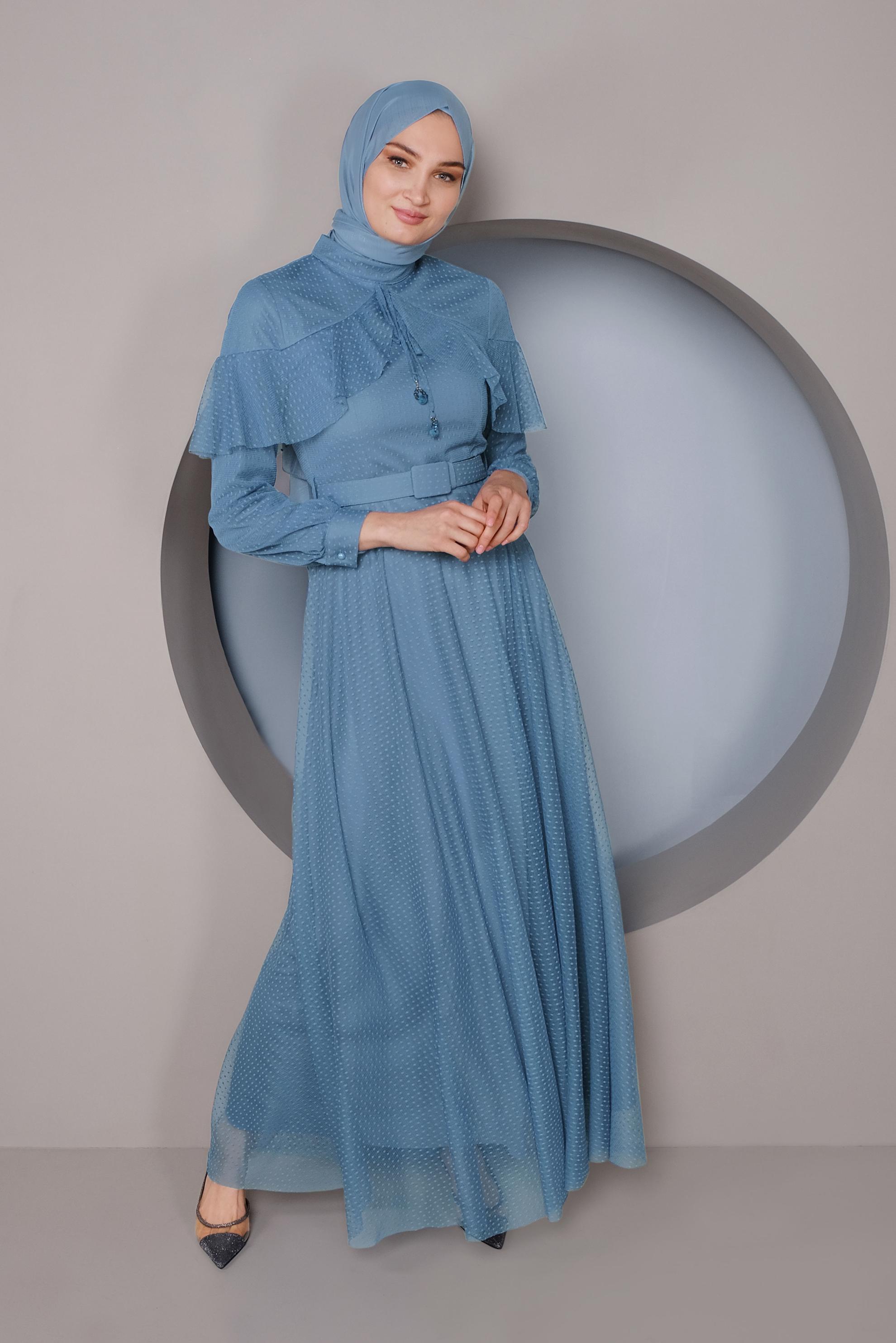 Tesettür giyim LACİVERT KEMERLİ TÜL ELBİSE 41406