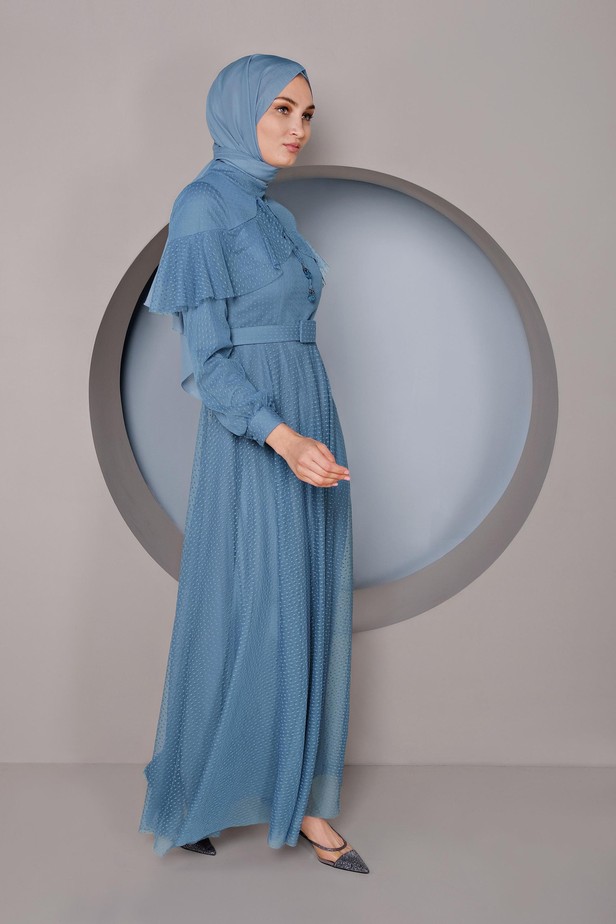 Tesettür giyim LACİVERT KEMERLİ TÜL ELBİSE 41406