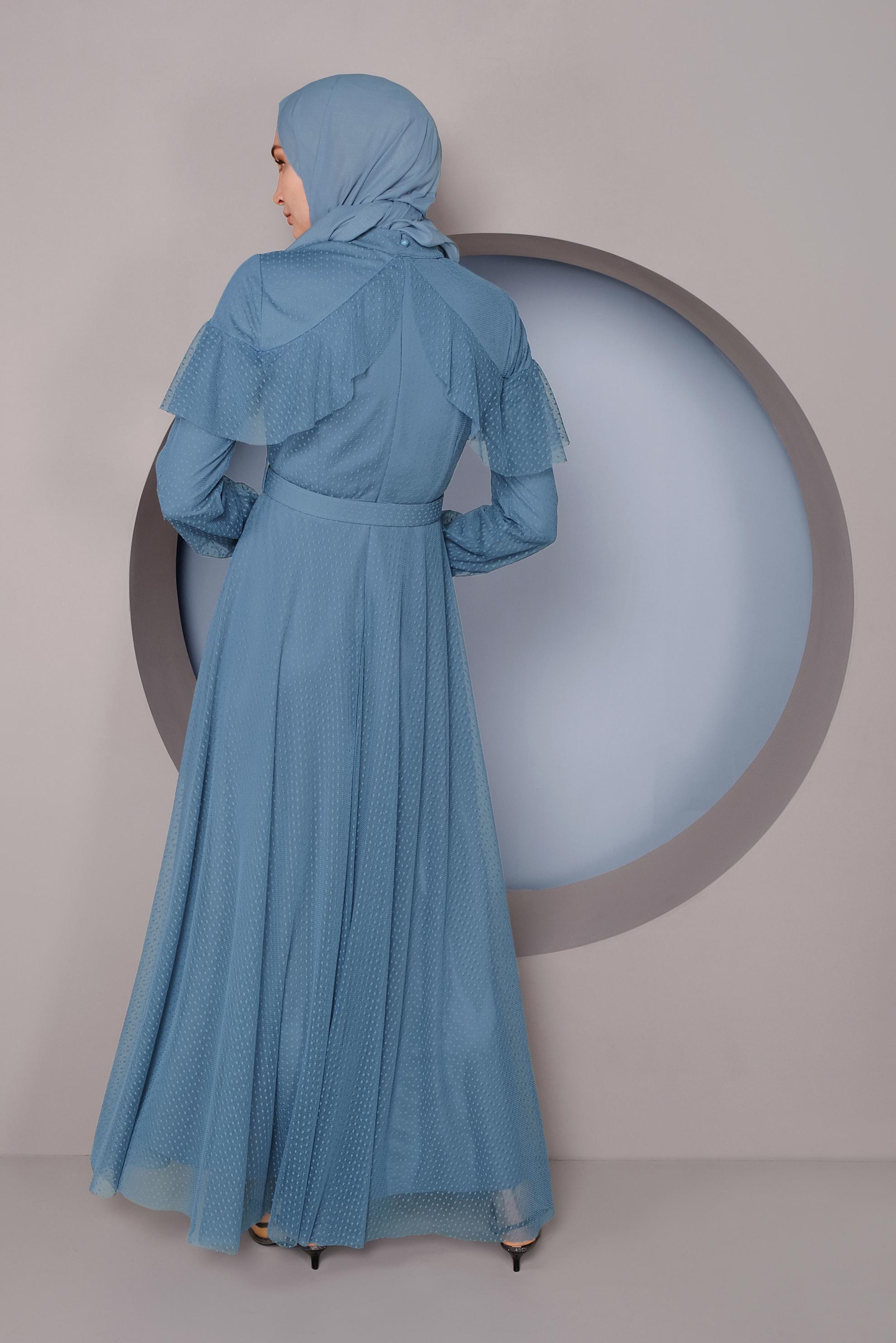 Tesettür giyim LACİVERT KEMERLİ TÜL ELBİSE 41406