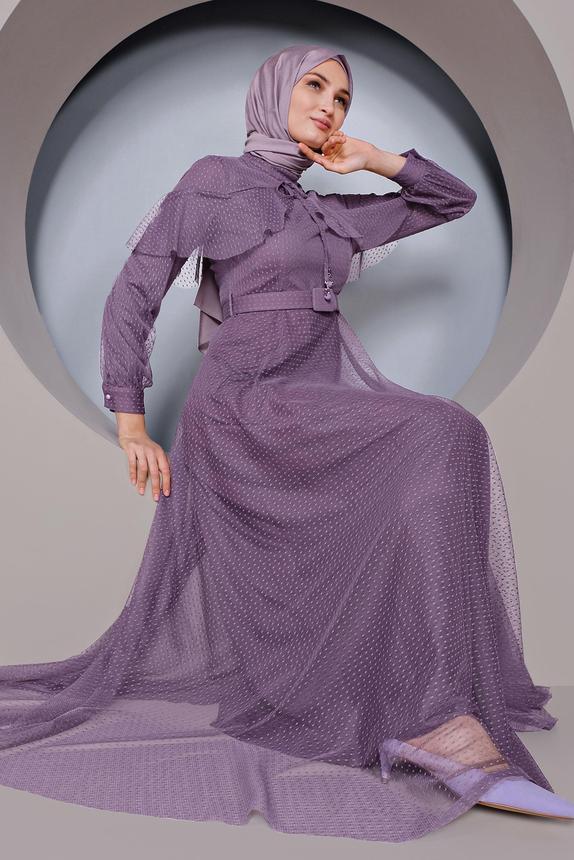 Tesettür giyim MOR KEMERLİ TÜL ELBİSE 41406