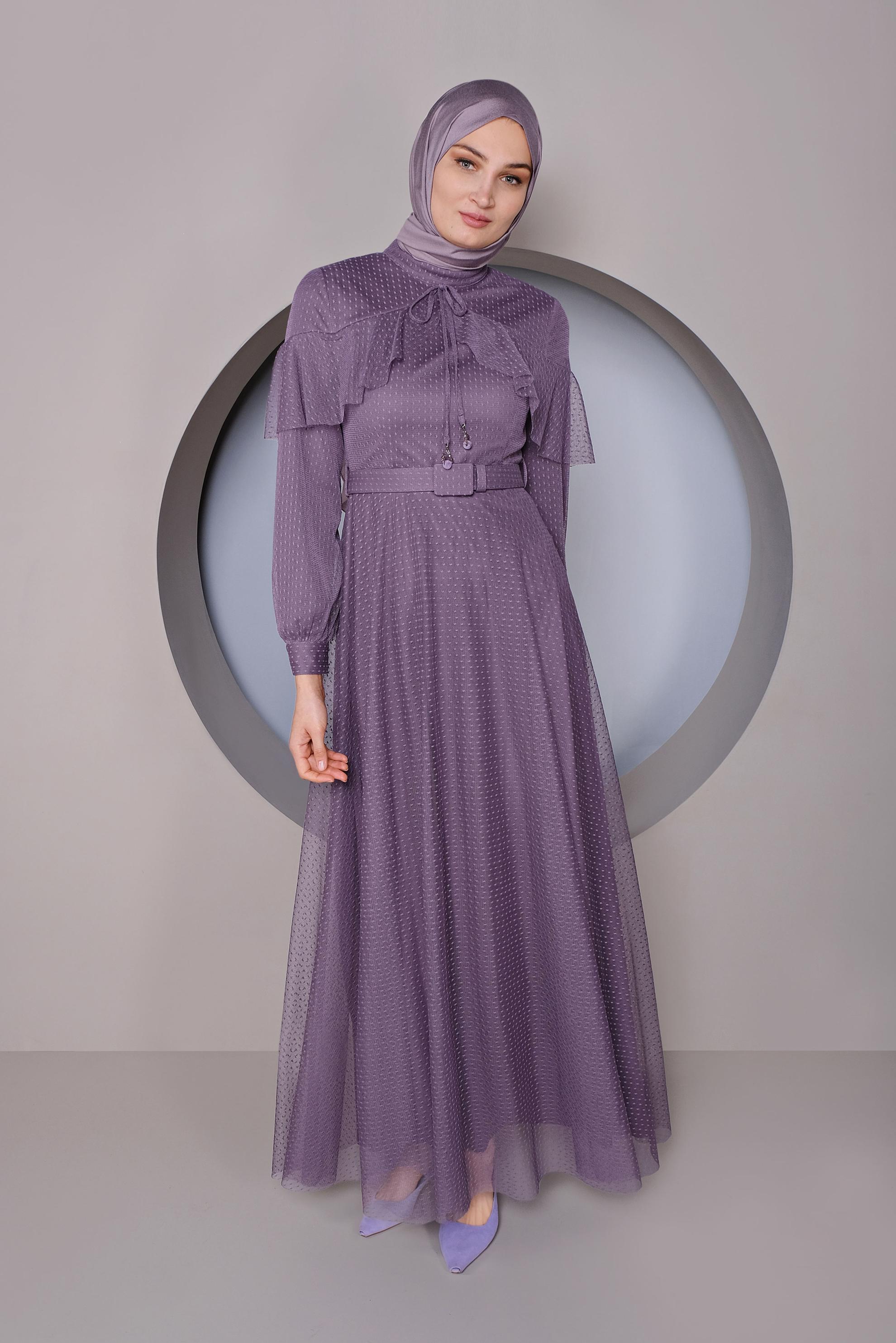 Tesettür giyim MOR KEMERLİ TÜL ELBİSE 41406