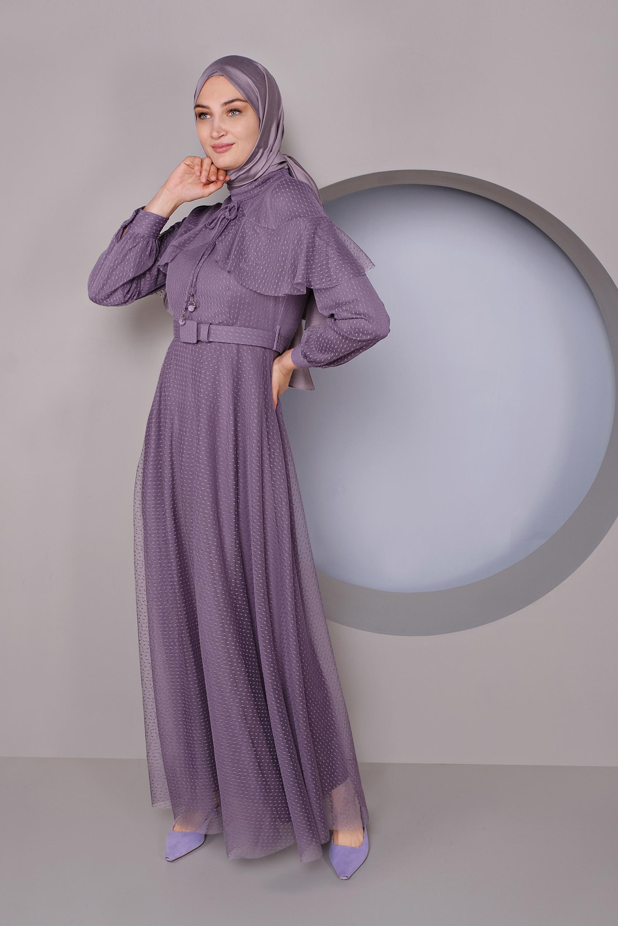 Tesettür giyim MOR KEMERLİ TÜL ELBİSE 41406