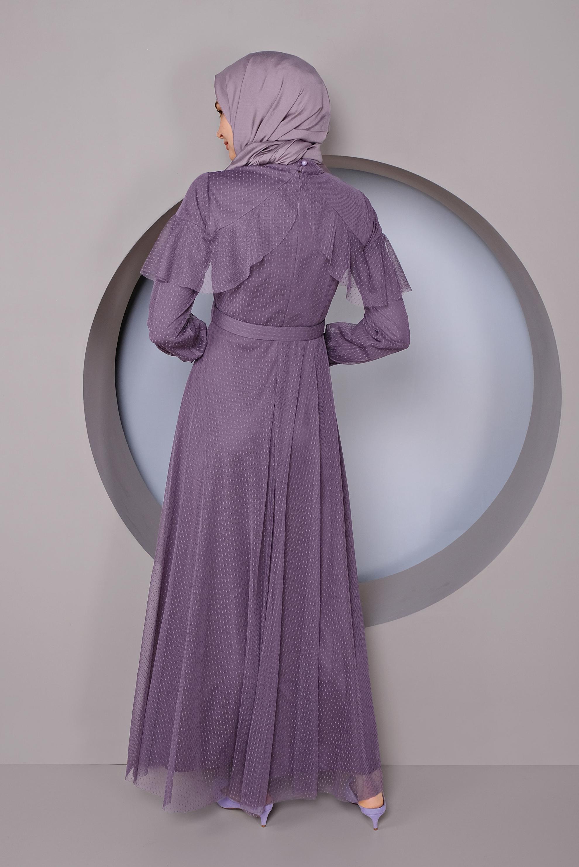 Tesettür giyim MOR KEMERLİ TÜL ELBİSE 41406