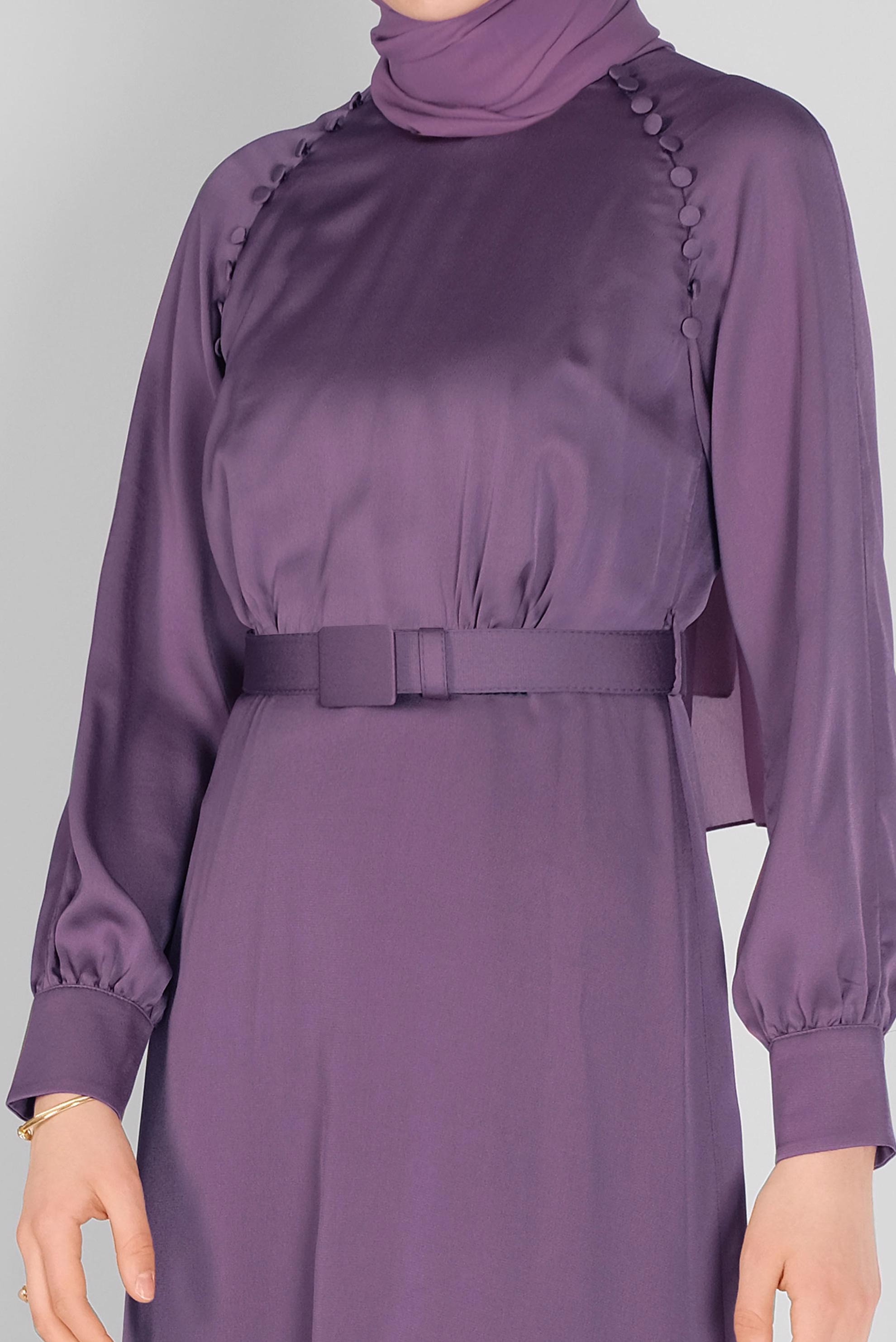 Tesettür giyim MOR DÜĞME VE KEMER DETAYLI SATEN ELBİSE 41407 