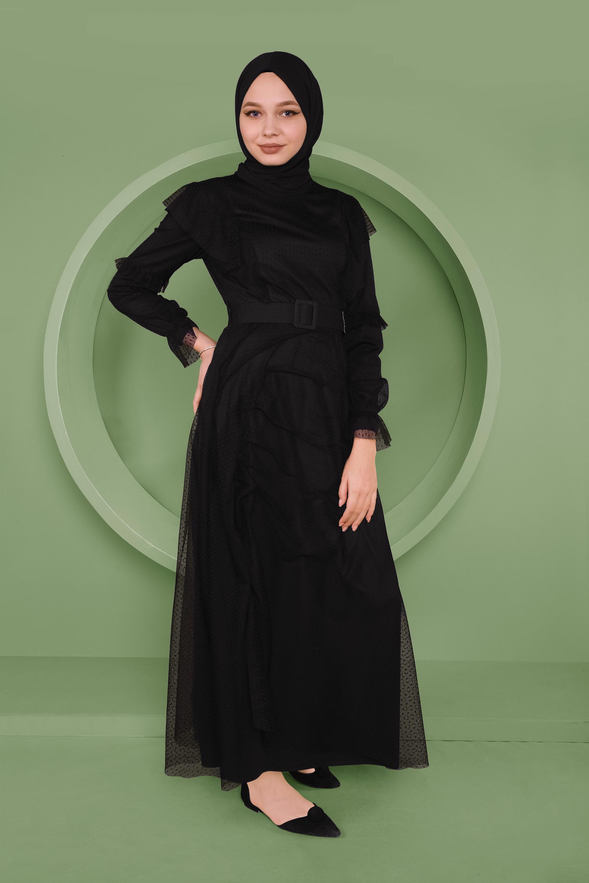 Tesettür giyim SİYAH KEMERLİ TÜL ELBİSE 41408