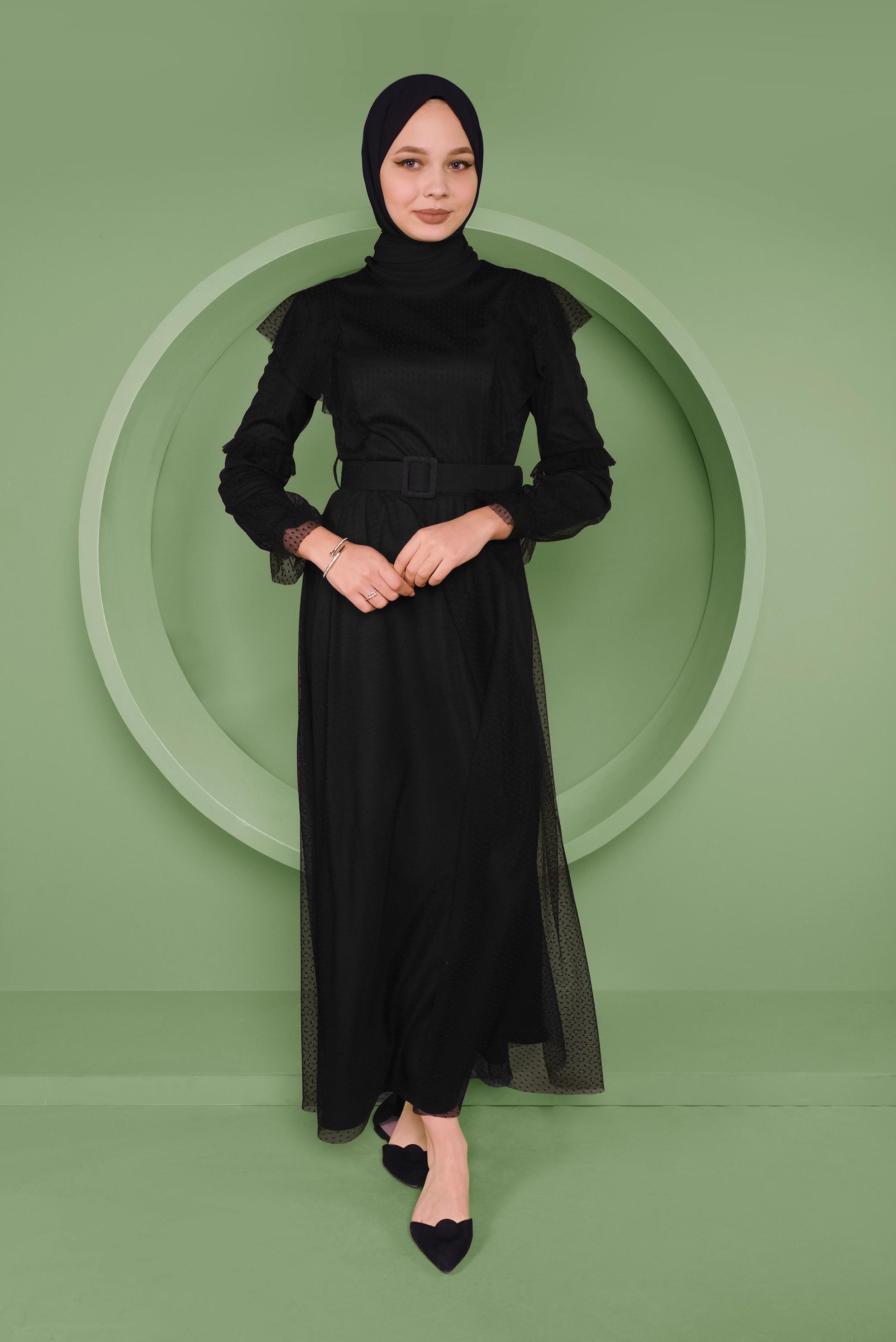Tesettür giyim SİYAH KEMERLİ TÜL ELBİSE 41408