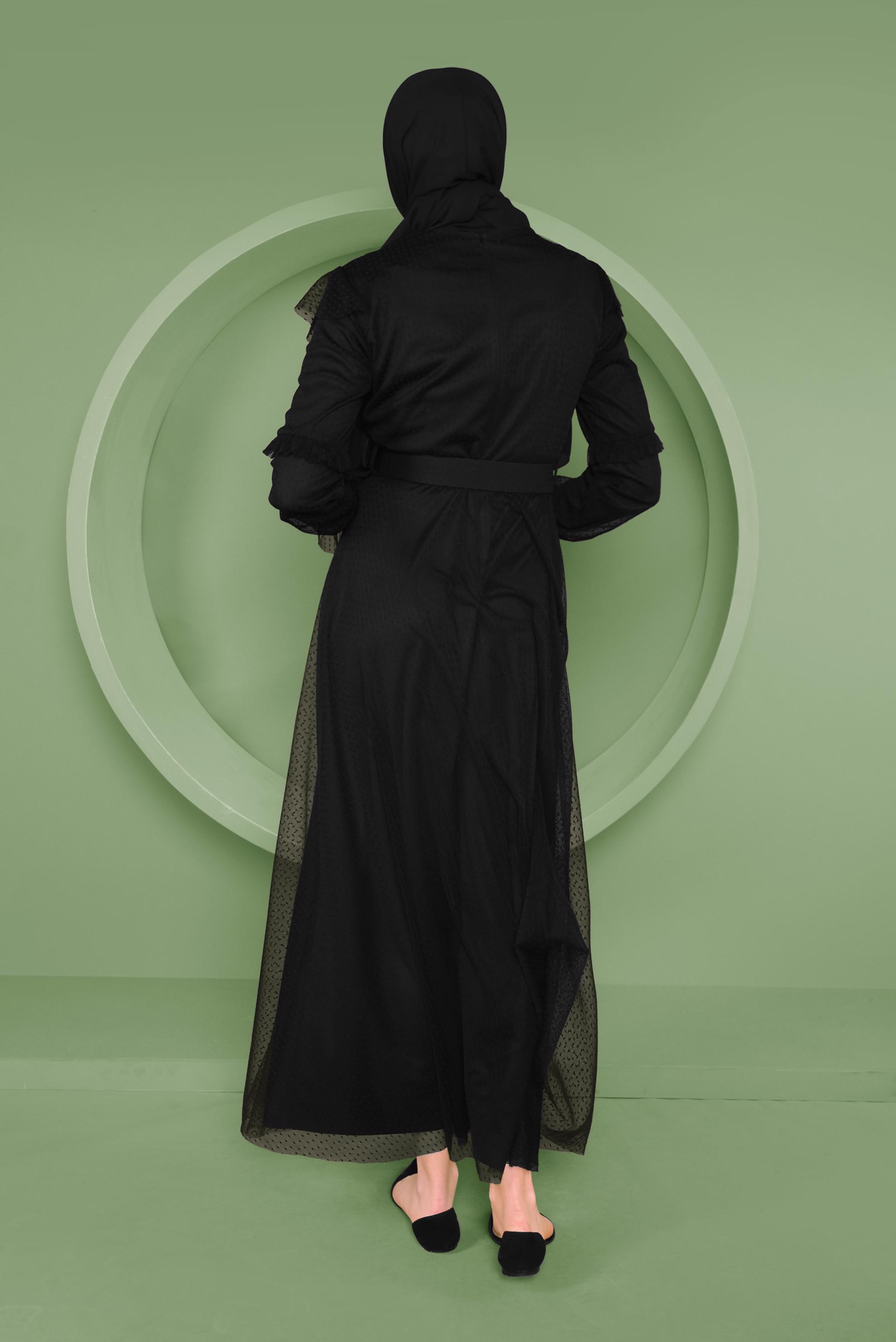 Tesettür giyim SİYAH KEMERLİ TÜL ELBİSE 41408