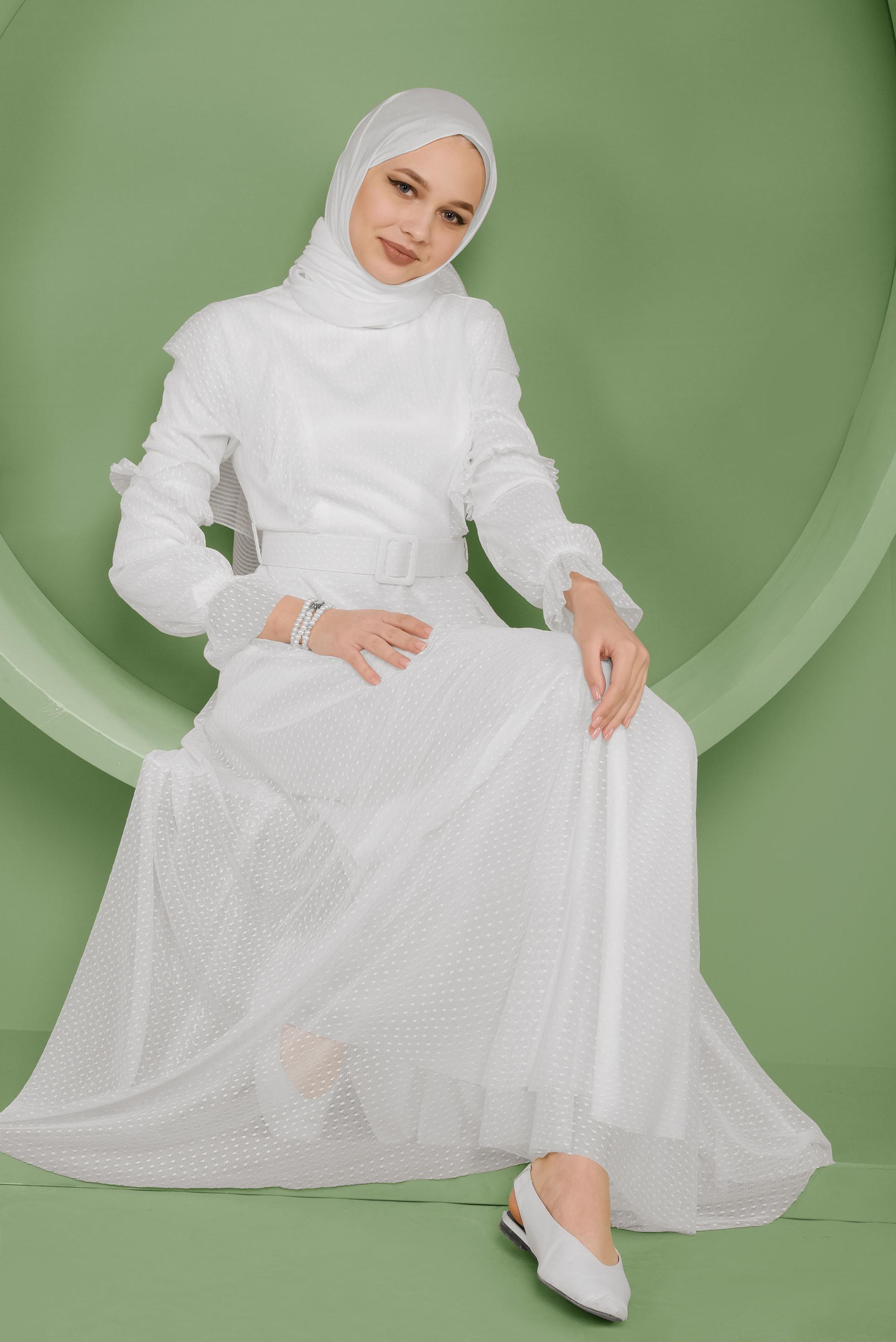 Tesettür giyim BEYAZ KEMERLİ TÜL ELBİSE 41408