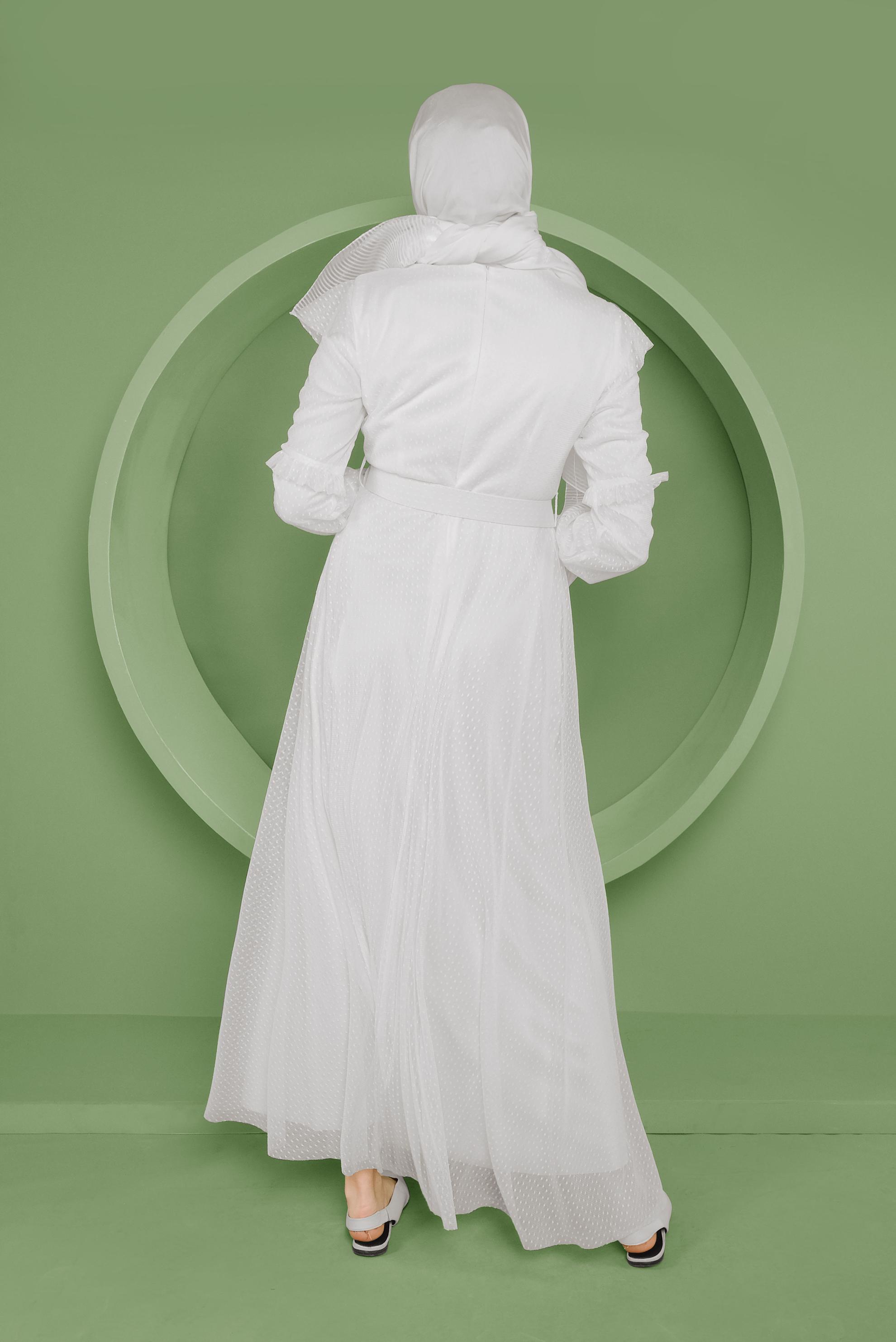 Tesettür giyim BEYAZ KEMERLİ TÜL ELBİSE 41408