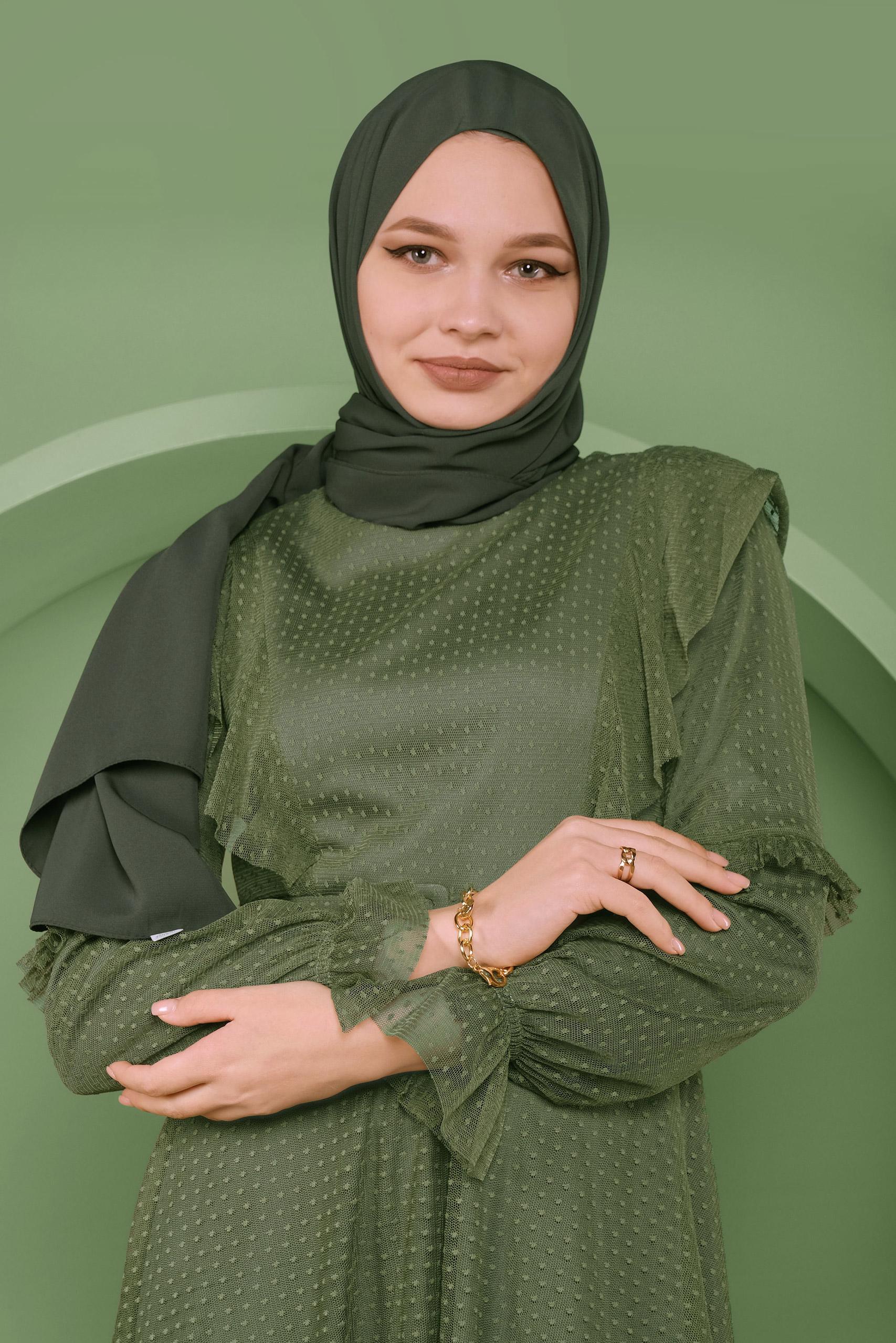 Tesettür giyim YEŞİL KEMERLİ TÜL ELBİSE 41408