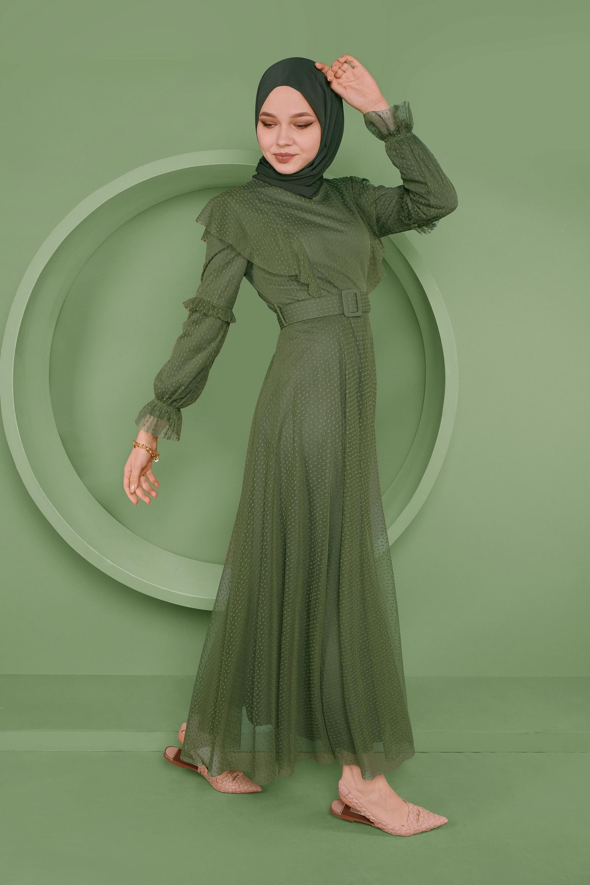 Tesettür giyim YEŞİL KEMERLİ TÜL ELBİSE 41408
