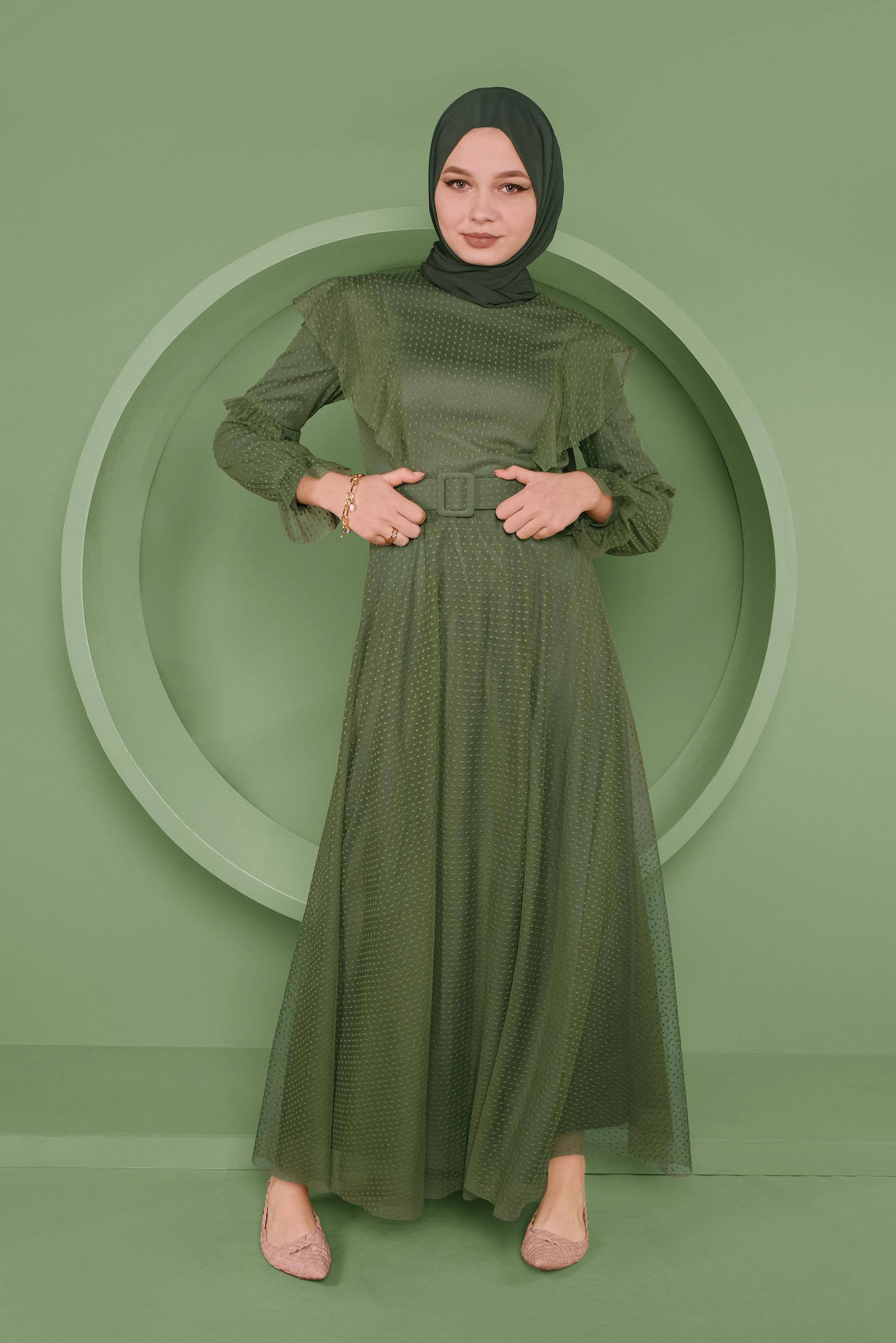 Tesettür giyim YEŞİL KEMERLİ TÜL ELBİSE 41408